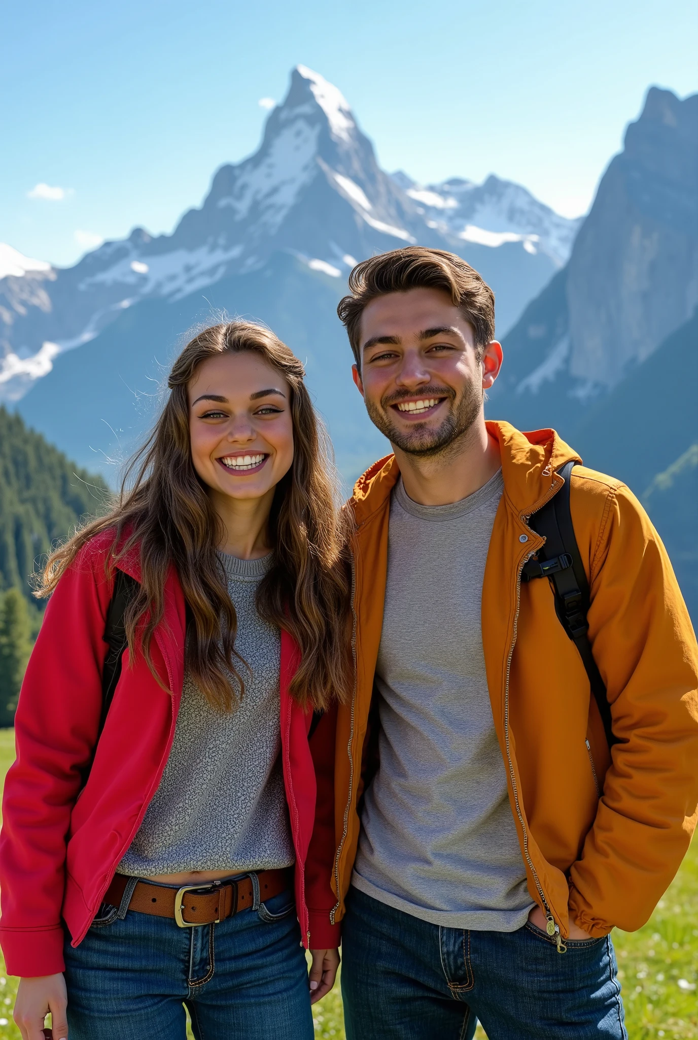  two happy 21 years  student girl and boy in Italy, in happy mood, Italy The Dolomites is in background, masterpiece, 32k, realistic, vibrant colour, 