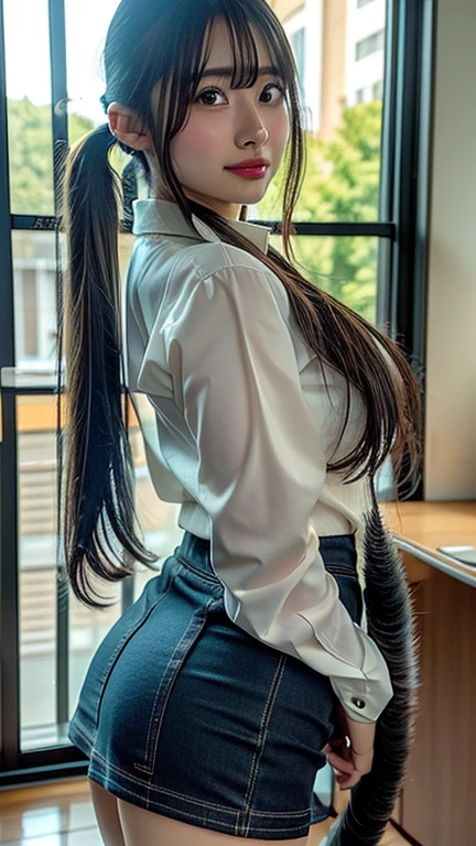 <lora:marciana-nikke-richy-v2:0.8>
a (marciana, very long straight brown hair with bangs), dreamy eyes and a serious look in her face BREAK
wearing ((navy blue crop top jacket with long sleeves, midriff), navel piercing, ascot, epaulettes, white pants, (buttoned up white shirt), white gloves, short black boots) BREAK
as a teacher in a classroom, writing on a whiteboard at the front of the class BREAK
(full body view from behind), sharp focus, dutch angle, dolly zoom, deep shadows, intricate details