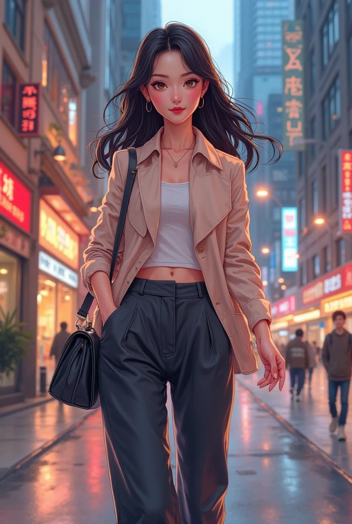 score_9, score_8_up, score_7_up, score_6_up, score_5_up, score_4_up, source_anime,
fashion girl, skinny, perfect breasts, fancy hair, fringe, sweat pants, hoodie, handbag, skinny legs, pink fingernails,