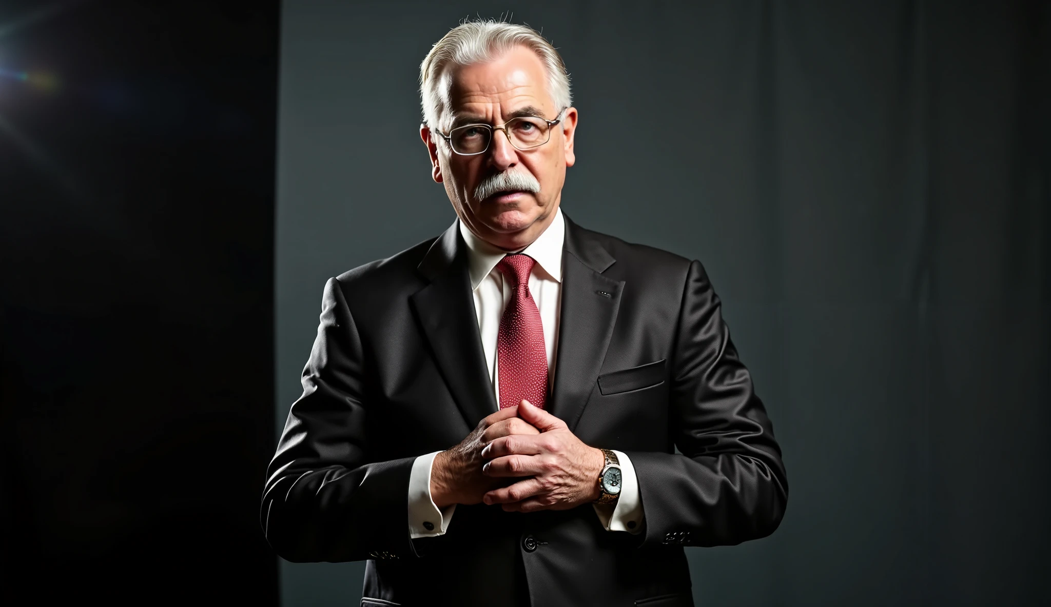 A mysterious presenter, just over 65 years old, white hair, white mustache, glasses, wearing a classic dark suit and tie, clean-shaven and with his hair parted to the side, in a minimalist, shadowy studio with dramatic lighting, inspired by the noir TV shows of the 1960s. Charismatic, serious expression, hands clasped.