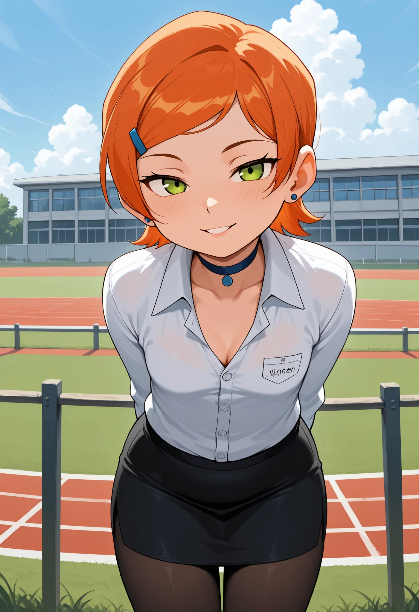 Gwen Tennyson . ginger . short hair . green eyes . small breasts, medium hips . chubby body . choker . | masterpiece, best quality, highres, absurdres, very awa, 1girl, solo, teacher, black skirt, collared shirt, long sleeves, white shirt, outdoors, track and field, arms behind back, black pantyhose, grass, building, fence, blue sky, cloud, leaning forward, looking at viewer, cleavage, parted lips, seductive smile