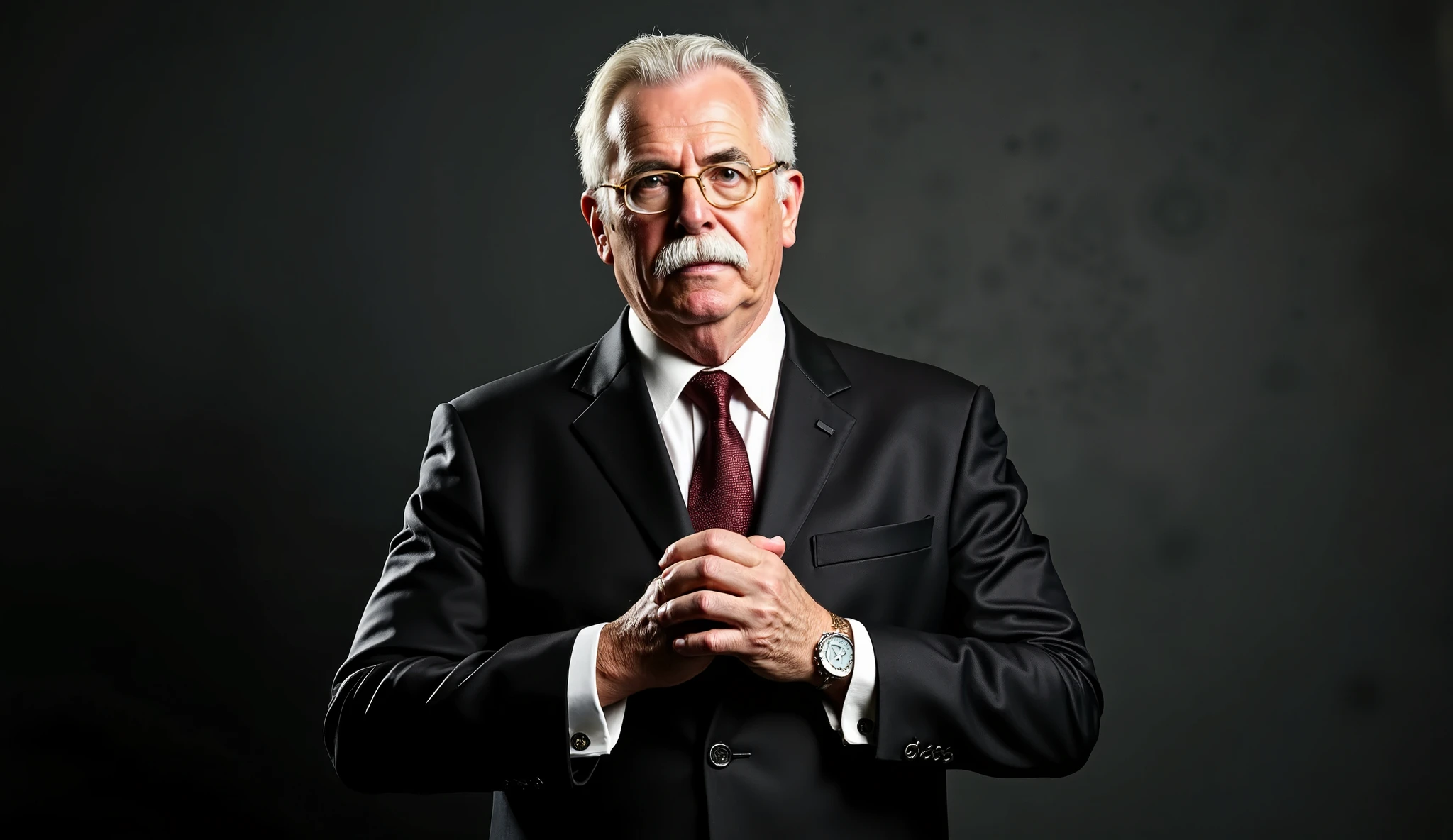 A mysterious presenter, just over 65 years old, white hair, white mustache, glasses, wearing a classic dark suit and tie, clean-shaven and with his hair parted to the side, in a minimalist, shadowy studio with dramatic lighting, inspired by the noir TV shows of the 1960s. Charismatic, serious expression, hands clasped.