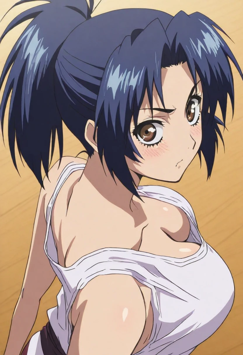 (Headpat POV : 1.4), white dress, (luxury livingroom background), Litchi Faye-Ling, mature woman, anime cels style, best quality, high resolution, 1girl, (huge breasts:1.2), beautiful face, Beautiful Finger, Beautiful long legs, Beautiful body, Beautiful Nose,Beautiful character design, black hair, very long hair, ponytail,Bangs,purple eyes, (cowboy shot), smiling, happy face, blushing, looking at viewer