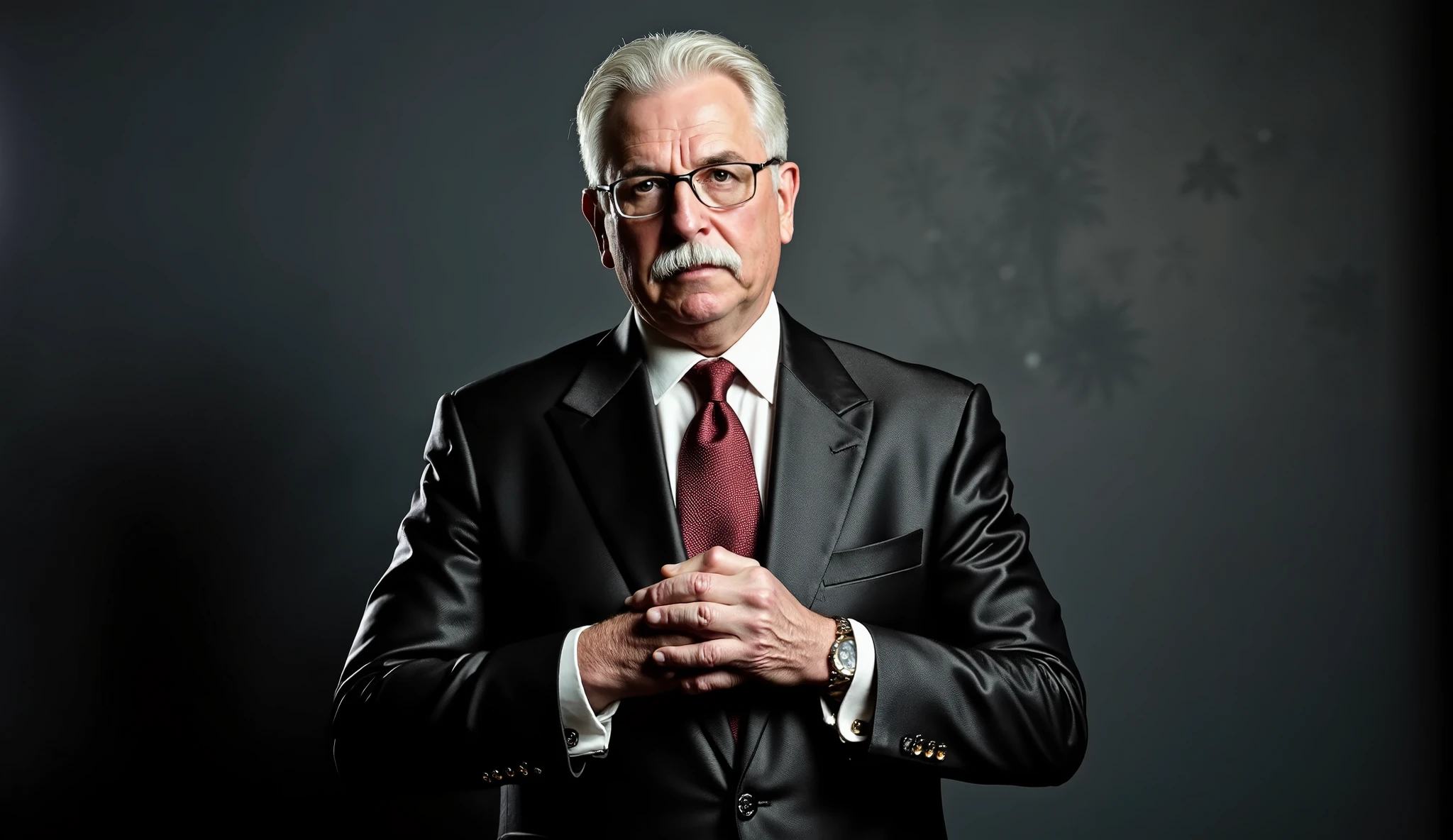 A mysterious presenter, just over 65 years old, white hair, white mustache, glasses, wearing a classic BLUE MATALLIC suit and tie, clean-shaven and with his hair parted to the side, in a minimalist, shadowy studio with dramatic lighting, inspired by the noir TV shows of the 1960s. Charismatic, serious expression, hands clasped.