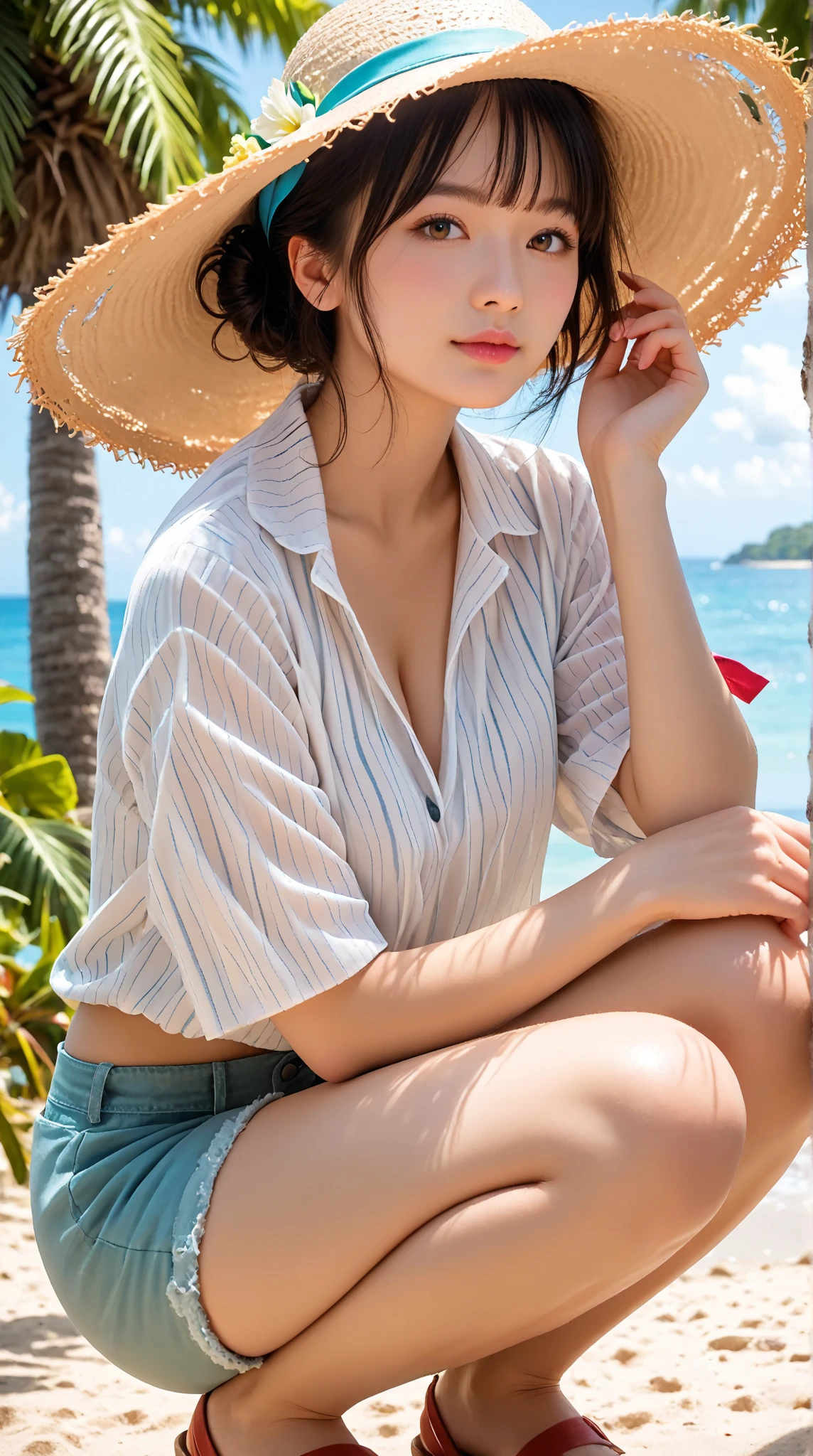 (16yo, young, cute:1.2), (japanese teen 1girl idol:1.2), ultra highres, real skin, hyperrealism, glistening skin, professional photograph, (absurdres:1.2), 8k, (RAW photo:1.2), (extremely detailed clothing), (best hands, nice hands, perfect hands), (masterpiece:0.8), best quality, ultra detailed, absolutely resolution, (perfect anatomy, correct limb:1.2), BREAK (botanical pattern), sundress, (flat chest:1.3), (drooping eyes:0.5), glowing eyes, faint lips, (make up:0.8), (short hair, brown hair), (white skin), (face is shiny:0.9), slim, (smile), rest one's chin in one's hands (day time:1.2), (natural light:1.2), (professional lighting:1.2), (facial profile:1.3), (close-up:1.1), (windy:1.3), (floating hair:1.3), (side view:1) (open terrace, resort hotel), (beach side:1.2),smile