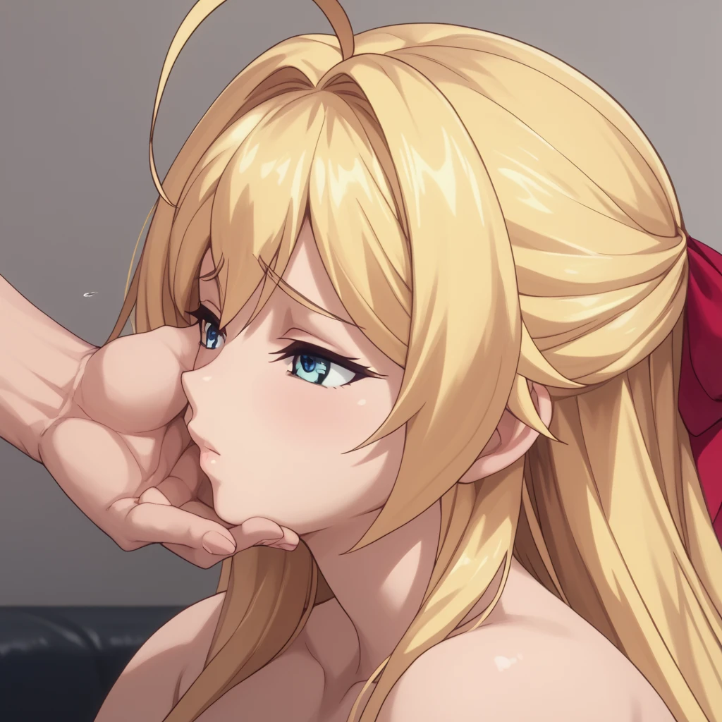 <lora:å£äº¤ POV - å£äº¤:0.8>,best quality,extremely detailed,incredibly absurdres,extremely detailed cg,(more details:1),(ultra-detailed:1),(clothed female nude male),
1girl,shiny_skin,thin,blonde hair,big breasts,girl's pubic hair,(golden drill bit curled princess curled long hair:1.1),anime_style_blush,exquisite eyes,(bridal_veil:1.1),(bridal lingerie:1.1),(white_pantyhose:1.1),(lace-trimmed_sleeves:1.1),no_shoes,hetero,oral, fellatio,(deepthroat:1.2),cum in mouth,looking at viewer,
(dark skin:1),(1boy:1),nude,((head grab:1.5)),huge penis,veiny penis,veiny testicles,thick pubic hair,cum,cum on penis,projectile cum,cum on face,
simple background,indoor,pov,solo focus,