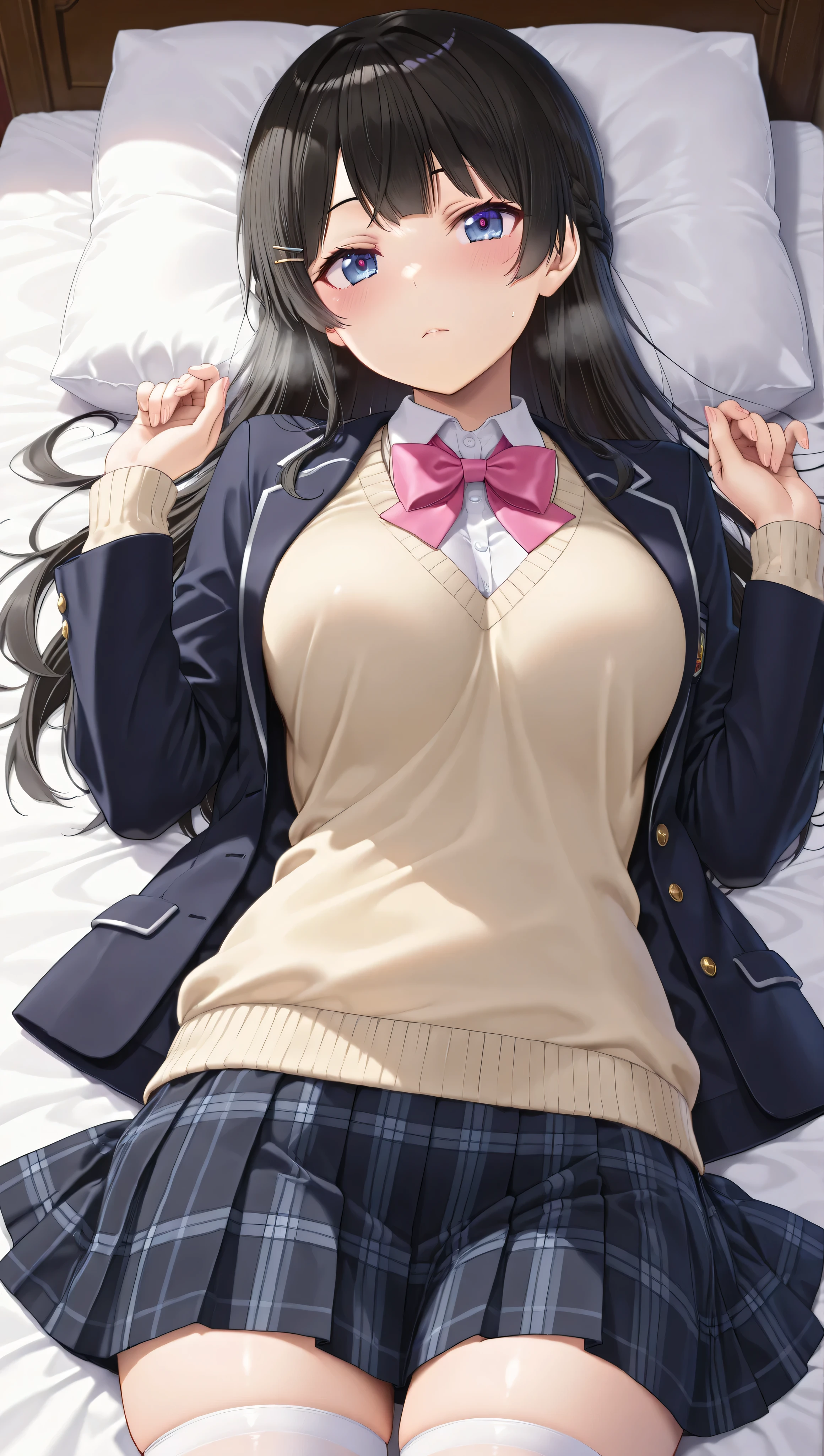 solo,masterpiece,best quality,super fine illustration、finely detail 、clear picture、UHD、HDR, amazing quality, highres, absurdres, very aesthetic, high resolution, ultra detailed, perfect details,(masterpiece, detailed:1.2),nijimito,medium breasts,blue eyes,black hair,long hair,french braid,hair pin,nijimitocos,white shirt,pink bowtie,sweater,black jacket,blazer jacket,closed jacket,plaid skirt,pleated skirt,black skirt,miniskirt,white thighhighs,lie on own back