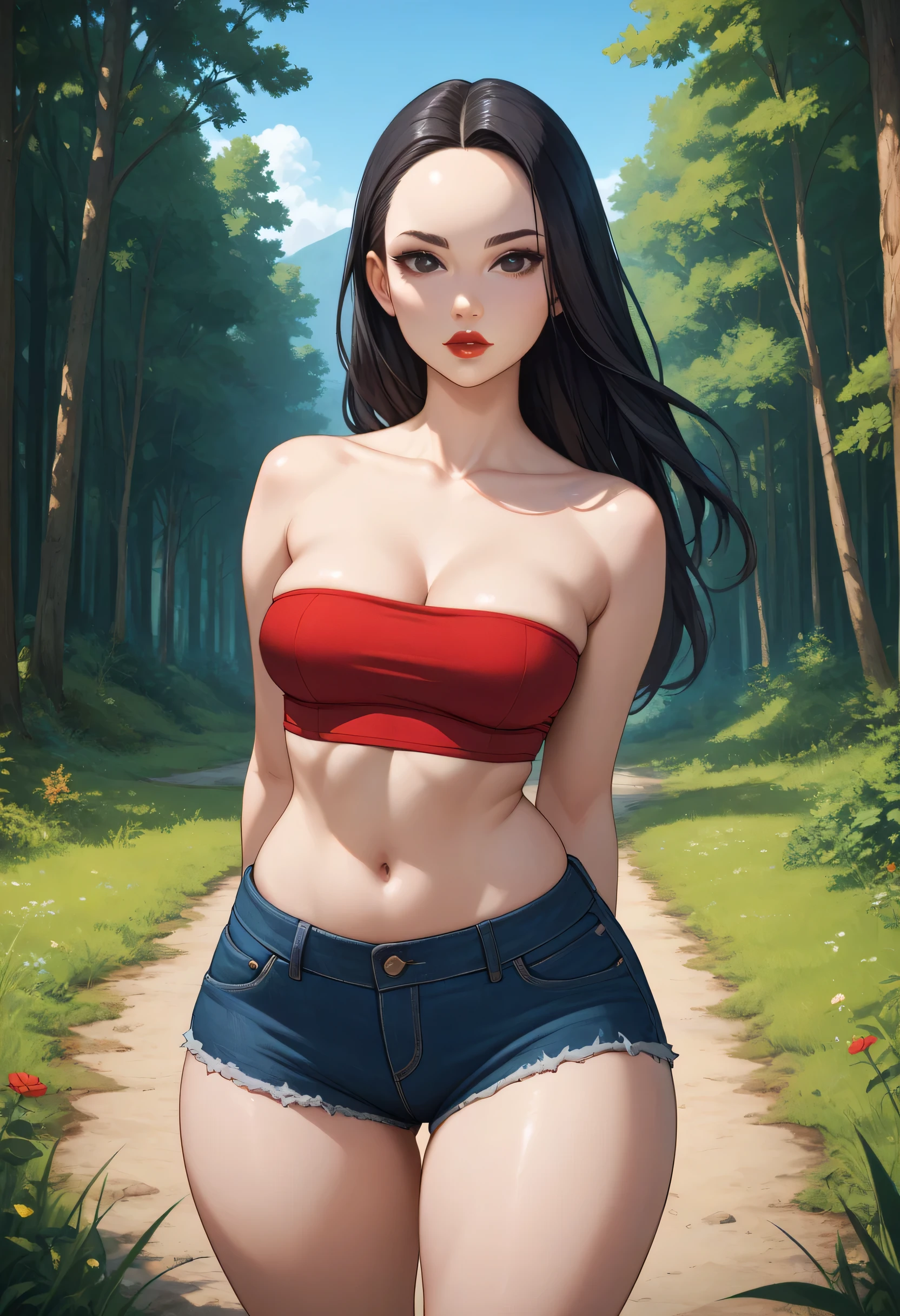(Perfect Body), Black Hair, (Long Smooth Hair), ((Forehead)), Black Thin Eyebrows, Black Eyes, Thick Lips, Red Lips, Collarbone, Cleavage, (Medium Breasts), (Dark Blue Tube Top), Navel, (Thick Thighs:1.4), (Black Denim Jeans Short Shorts), Standing, Arms Behind Back, Looking At Viewer, Forest Road, Blue Sky, Grass