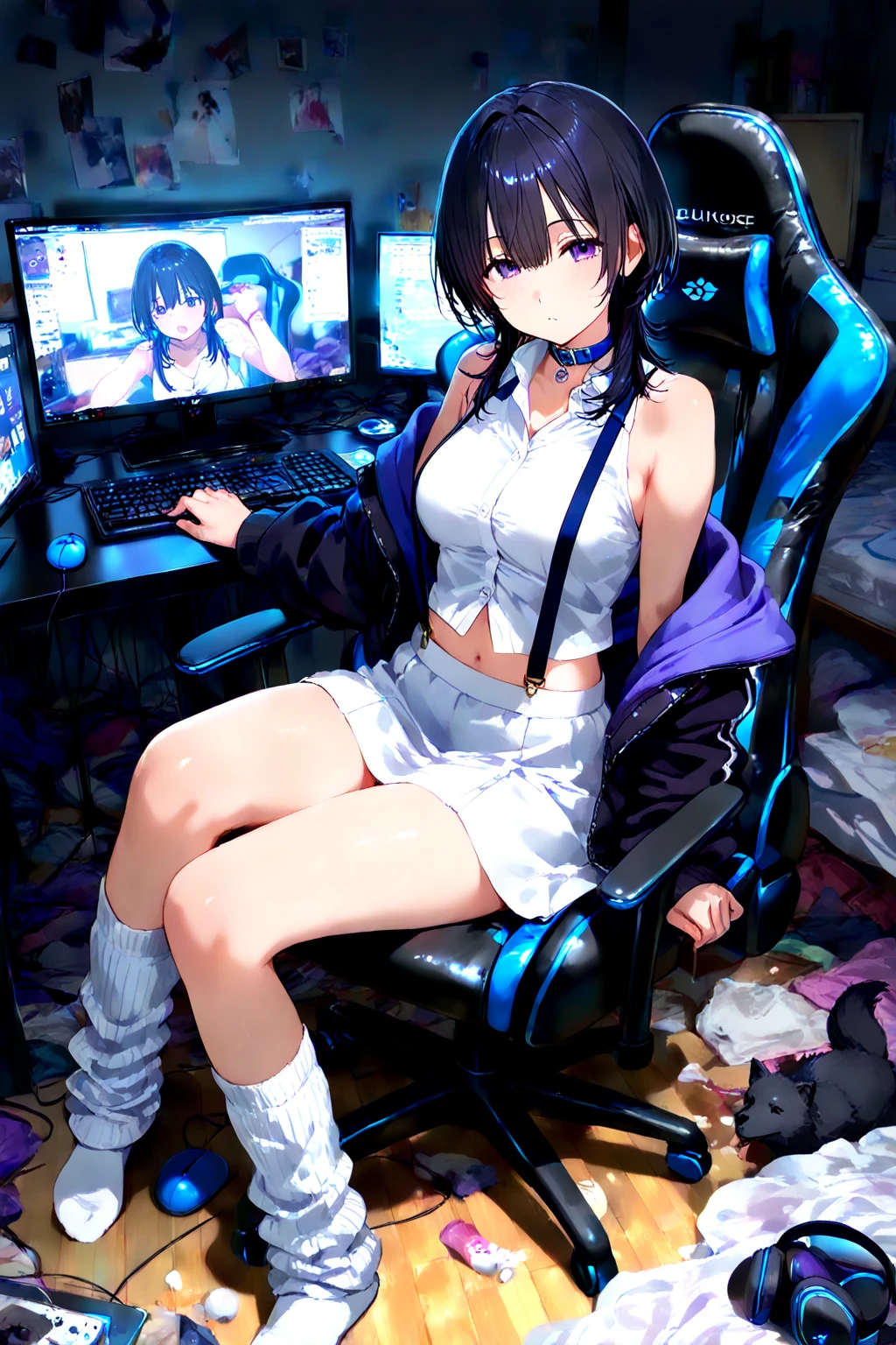 (ultra realistic, girl, short black hair, headphones, sitting, slumped in an armchair, in a futuristic cabin, surrounded by monitors, and olographic screens , view from above, res lights, flat chest, pre-adolescent. She looks with smug, mini-skirt, visible panties. thighhighs, open legs