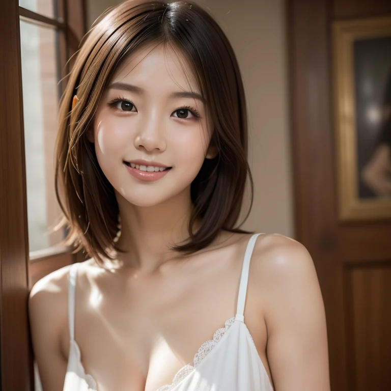 masterpiece,best quality,(Japanese ),((Beautiful girl)),cleavage,indoor,(perfect body beauty:1.2),(shy smile),beautiful teeth,