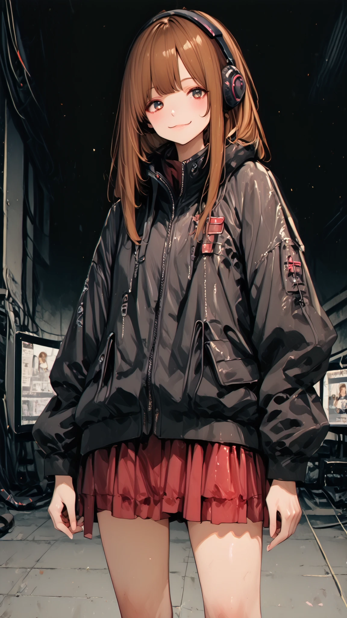 high school girl、( long brown hair、headphones) 、((cute、No expression、Tech Wear、black jacket、flared skirt、is looking over here、Smile Yan、1girl))、Standing picture、monitor room、anime style、high image quality、High Quality
