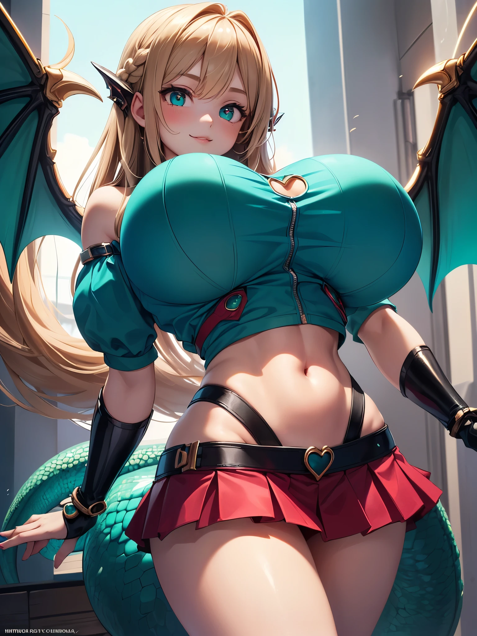 (((masterpiece))), (((best quality))), ((ultra-detailed)), (illustration), ((an extremely delicate and beautiful)), ((super detail)), ((high resolution)), (((20 years old))), metallic cloth, (cheerleader), (android), ((mechanical wings)), delicate metal decorations, gleaming skin, shiny body, two legs, breast focus, (((tall))), slender legs, ((big round eyes)), cute eyes, drooping eyes, ((adult)), two hands, five fingers, no extra hands, elegant smile, braid, medium length hair, ((metallic green)), (see-through), (dark blonde), (ultra-huge breasts), (shining brightly), outdoor, mini skirt, city, daytime, ((biopunk)),