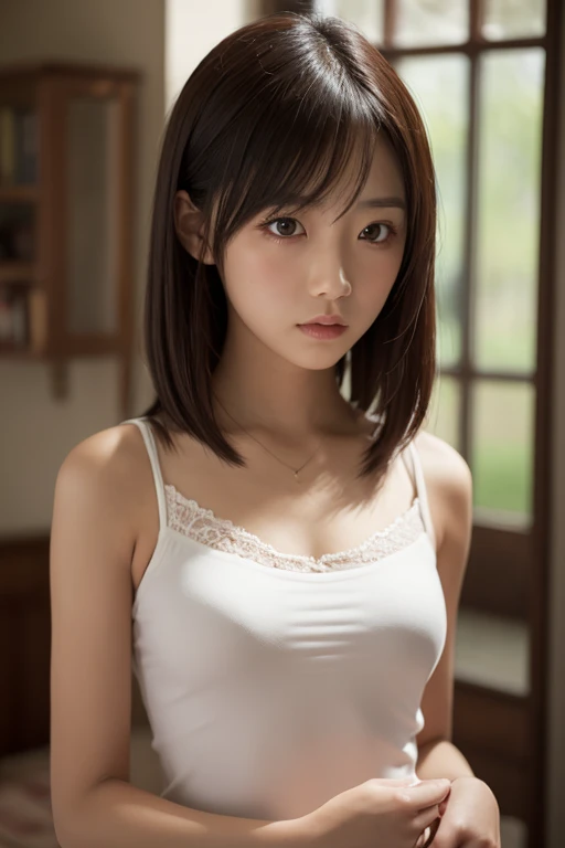 ((of the highest quality, 8K, masutepiece: 1.3, Raw photo)), Sharp Focus: 1.2, (1 AESPA Girl :1.1), Solo, (Realistic, Photorealistic: 1.37), (Face Focus: 1.1), Cute face, hyperdetailed face, (short messy hair: 1.2), Small , flat , office, (camisole: 1.1), thigh, sitting floor, sunlight