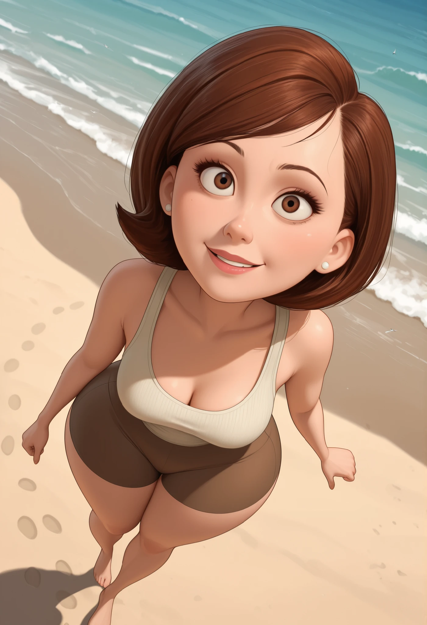 Helen Parr , mature female, medium hair, Bob_cut, brown hair, brown eyes, big eyes, long eyelashes, medium breasts, narrow waist, thick thighs, huge hips, fair skin, thin hands, earrings, makeup, pink lips, lipstick.| A realistic image. Location: beach a deserted island with an unerupted volcano. A girl is running on the beach with smiling and barefoot. A few seagulls fly around. She is wearing a simple tank top made of a single piece of fabric. A dynamic angle capturing her and the beach. Her footprints remain in the sand behind her. An opossum runs after her.