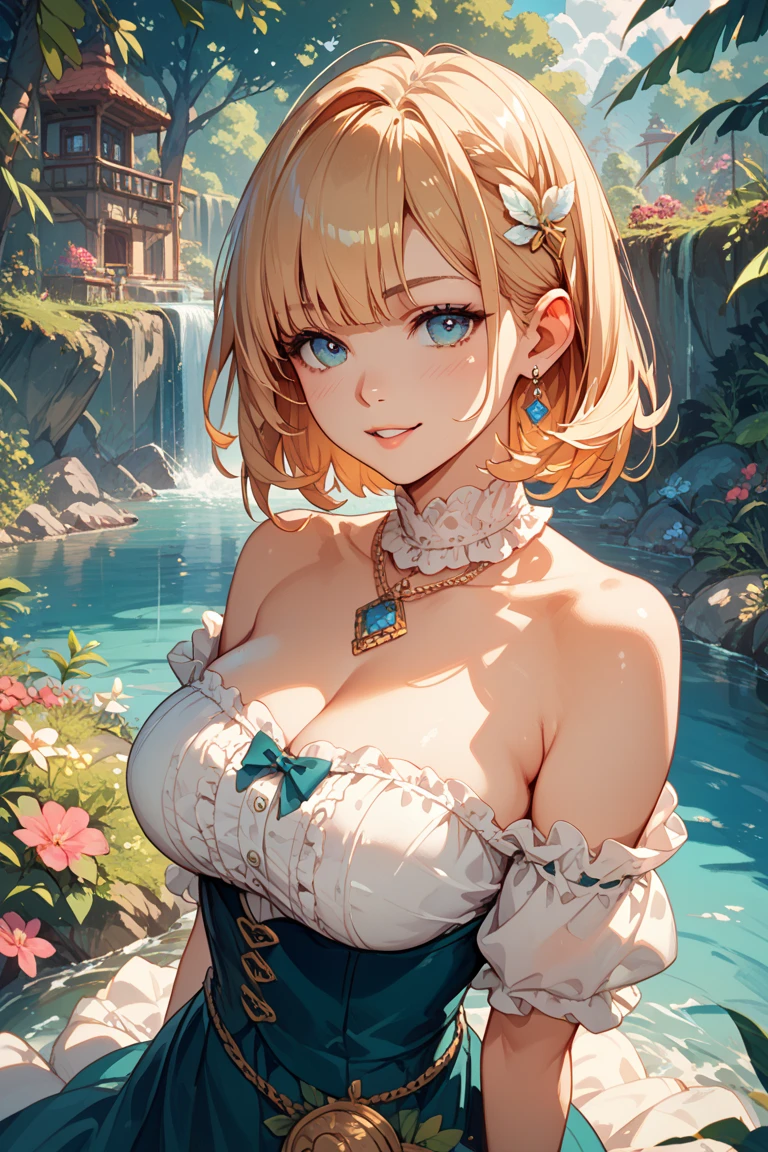 (masterpiece:1.2), (highest quality:1.2),, Curvy but slender body, Perfect Eyes, Perfect Face, Perfect lighting, 2 girls, ，At a party，（Standing position），（Off-the-shoulder Arabian dress），（whole bodyのショット），（short hair），（Cute Smile），Curly Hair, Nipples become erect, Detailed outdoor background, Compensate, eye shadow, Thick eyelashes, Fantasy, Watching the audience, whole body、blue sky、Bright and beautiful face、Young shiny glossy white glossy skin、The ultimate beauty、The most beautiful light blonde hair in the world、Thin Hair、short hair、Shiny beautiful bangs、Big, bright blue eyes、Very beautiful and lovely 18 year old, The most beautiful girl in the world、Medium chest，ponytail，Distant position