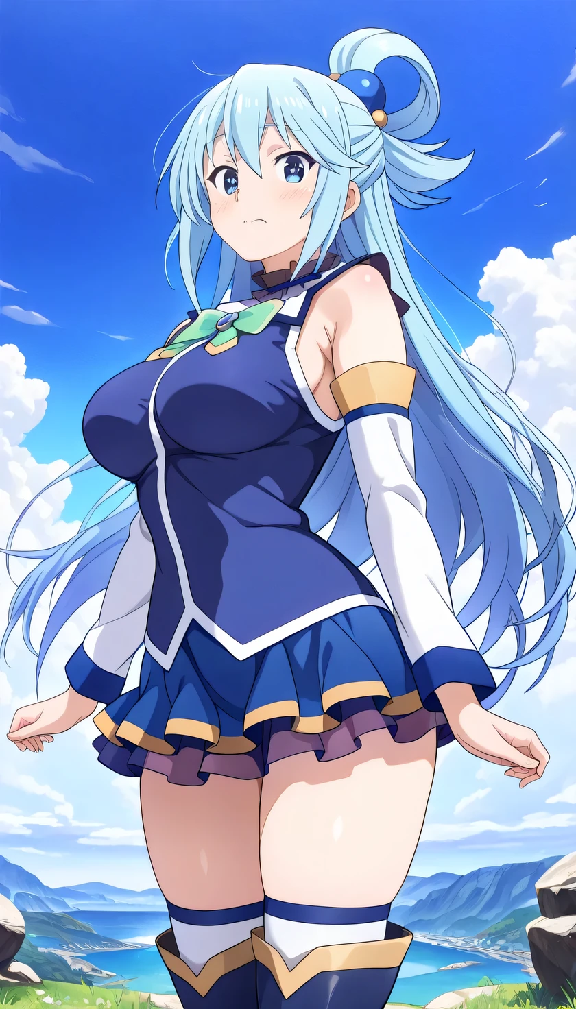 {{{masterpiece}}}, (best quality:1.5), (ultra-detailed:1.5), {illustration}, {{an extremely delicate and beautiful}}, (beautiful detailed eyes:1.6), absurdres, highres, extremely detailed face, 16k, hd, visual anime de uma jovem mulher, extremamente bonito rosto de anime, anime melhor garota, (perfect hands, perfect anatomy), anime face, aqua (konosuba), aquaSDXL, 1girl, cute face, long hair, blue eyes, hair ornament, very long hair, blue hair, half up, bangs, sidelocks, hair rings, hair bobbles, large breasts, big hips, curvaceous, BREAK, blue vest, shirt tuck out, white collar, green bow, bare shoulders, detached sleeves, white sleeves, (blue skirt:1.2), mini skirt, thighhighs, (blue long boots:1.5), thighs, zettai ryouiki,