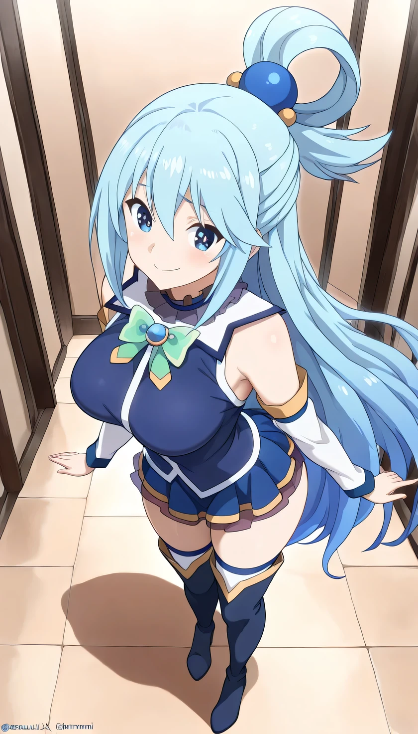 {{{masterpiece}}}, (best quality:1.5), (ultra-detailed:1.5), {illustration}, {{an extremely delicate and beautiful}}, (beautiful detailed eyes:1.6), absurdres, highres, extremely detailed face, 16k, hd, visual anime de uma jovem mulher, extremamente bonito rosto de anime, anime melhor garota, (perfect hands, perfect anatomy), (five fingers:1.1) anime face, aqua (konosuba), aquaSDXL, 1girl, cute face, long hair, blue eyes, hair ornament, very long hair, blue hair, half up, bangs, sidelocks, hair rings, hair bobbles, large breasts, big hips, curvaceous, BREAK, blue vest, shirt tuck out, white collar, green bow, bare shoulders, detached sleeves, white sleeves, (blue skirt:1.2), mini skirt, thighhighs, (blue long boots:1.5), thighs, zettai ryouiki,