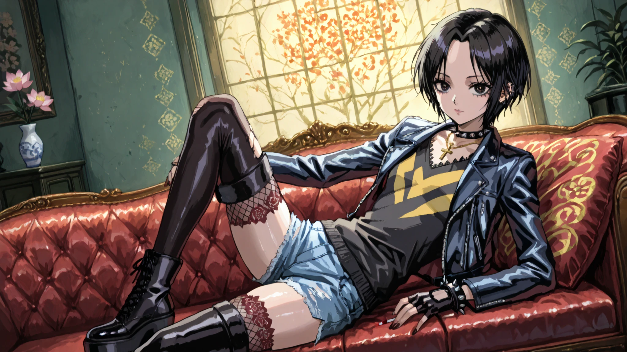 nana osaki \(nana\) a young punk woman sitting on a red velvet couch, look like a tough Goth-punk rocker, holding a cigarette in her right hand and wearing a black sweater with blue and yellow stripes and denim shorts. on the middle of the image, a 20-year-old woman with light skin and short black hair, tattoo of a pink lotus flower on her upper left arm. Her nails are long and well-shaped, who appears to be caucasian, the girl, has a slim figure and is considerably tall, is lying on her back on the couch with her legs spread apart, wearing a blue and white cheerleader black jacket with the letter "N" on it. she has a serious expression on her face and is looking directly at the viewer . she is wearing a gold necklace and has a pair of fingerless gloves on her hands. the background is a simple, light-colored wall with a patterned wallpaper, and the lighting is soft and warm, creating a cozy atmosphere. 1girl, unrivaled beauty, solo, fullbody, parted bangs, forehead, black eyes, black eyeliner, small , industrial piercing, spiked bracelet, spiked choker, fishnet, whole body, slim , goth fashion, torn pantyhose, porcelain skin, taut clothes, side slit, jewelry, latin cross, shiny clothes, thigh and calf lines, platform footwear, thighhighs, clothing texture, dynamic pose, beautiful face, beautiful girl, beautiful body, beautiful hair, Masterpiece, very aesthetic , perfect composition, intricate, ((Best quality :1.2)),((Detailed :1.5)),((Detailed background :1.5)). (HD eyes:1.4), ((4k,8k,Ultra HD)), {perfect body}, retro artstyle, 2000s style,
