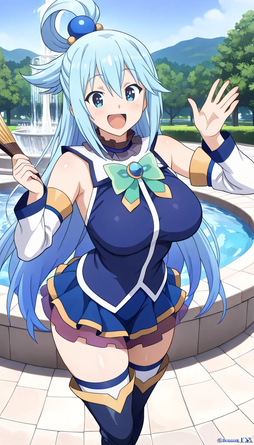 {{{masterpiece}}}, (best quality:1.5), (ultra-detailed:1.5), {illustration}, {{an extremely delicate and beautiful}}, (beautiful detailed eyes:1.6), absurdres, highres, extremely detailed face, 16k, hd, visual anime de uma jovem mulher, extremamente bonito rosto de anime, anime melhor garota, (perfect hands, perfect anatomy), anime face, aqua (konosuba), aquaSDXL, 1girl, cute face, long hair, blue eyes, hair ornament, very long hair, blue hair, half up, bangs, sidelocks, hair rings, hair bobbles, large breasts, big hips, curvaceous, BREAK, blue vest, shirt tuck out, white collar, green bow, bare shoulders, detached sleeves, white sleeves, (blue skirt:1.2), mini skirt, thighhighs, (blue long boots:1.5), thighs, zettai ryouiki, BREAK, smiling, open mouth, looking at viewer, traditional japanese fan, (folding fan:1.2), has a fan, party trick, (dance:1.2), outdoor, daytime, central park, (front of the fountain:1.2), upper body