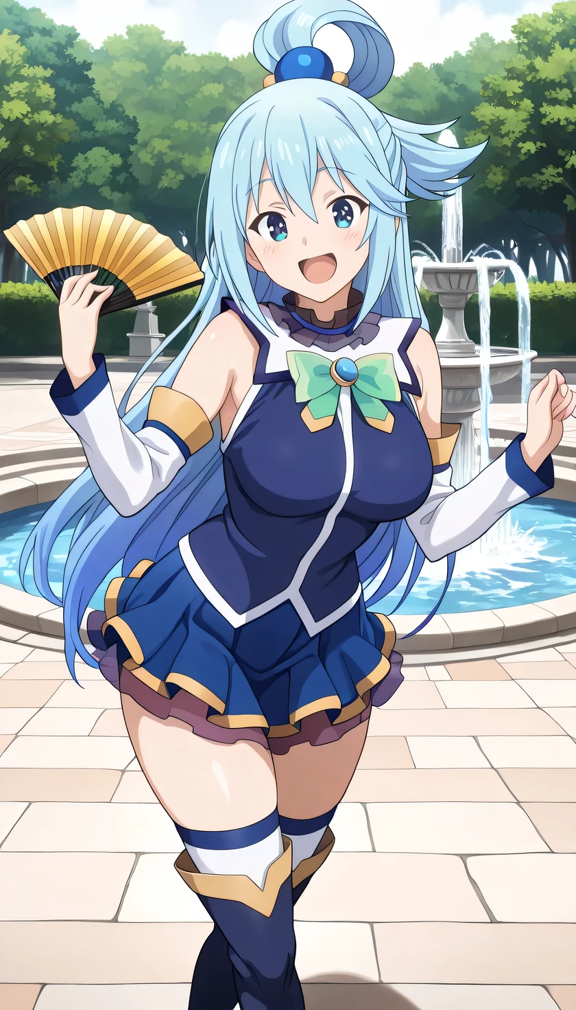 {{{masterpiece}}}, (best quality:1.5), (ultra-detailed:1.5), {illustration}, {{an extremely delicate and beautiful}}, (beautiful detailed eyes:1.6), absurdres, highres, extremely detailed face, 16k, hd, visual anime de uma jovem mulher, extremamente bonito rosto de anime, anime melhor garota, (perfect hands, perfect anatomy), anime face, aqua (konosuba), aquaSDXL, 1girl, cute face, long hair, blue eyes, hair ornament, very long hair, blue hair, half up, bangs, sidelocks, hair rings, hair bobbles, large breasts, big hips, curvaceous, BREAK, blue vest, shirt tuck out, white collar, green bow, bare shoulders, detached sleeves, white sleeves, (blue skirt:1.2), mini skirt, thighhighs, (blue long boots:1.5), thighs, zettai ryouiki, BREAK, smiling, open mouth, looking at viewer, traditional japanese fan, (folding fan:1.2), has a fan, party trick, (dance:1.2), outdoor, daytime, central park, (front of the fountain:1.2), upper body