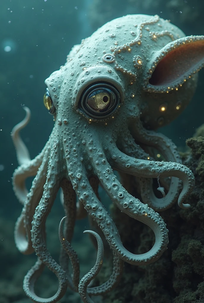 Clockwork Squid's face macro close-up with camera-lens eyes and tentacles made of telescoping segments against an ocean floor of ticking mechanisms | (cgdream1:Trompe_l_œil1 close_up_detailed_shot_of1)   