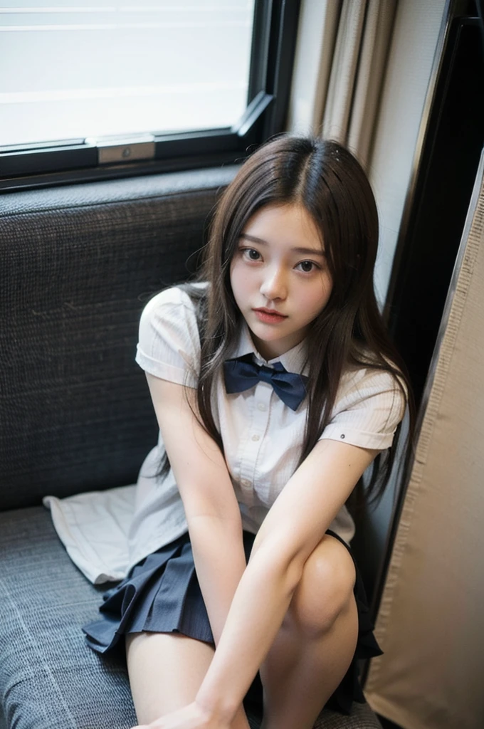 High angle shot, arafed asian woman in a short skirt and bow tie sitting on a train, cute schoolgirl, japanese girl school uniform, wearing japanese school uniform, japanese school uniform, a hyperrealistic schoolgirl, dressed as schoolgirl, hyperrealistic schoolgirl, wearing school uniform, realistic schoolgirl, girl wearing uniform, wearing a school uniform, of a schoolgirl posing, full body, nice skin, glowing skin, nice thighs,glowing thigh, glowing legs, barefoot