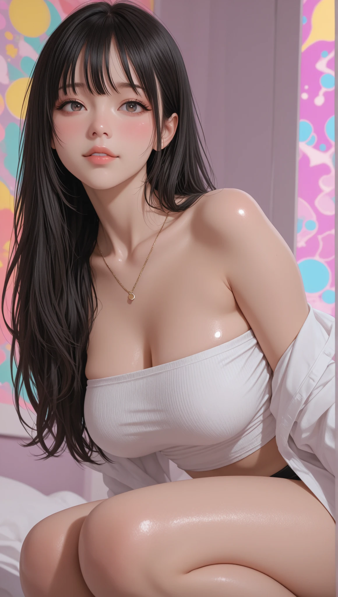 (Hyper-realistic), (Illustration), (High resolution), (8K), (Extremely detailed), (Best Illustration), Yol ( chain saw man ), (Beautiful detailed eyes), (Best Quality), (Ultra-detailed), (masutepiece), (Wallpaper), (Detailed face), Solo, Upper body, Focus on Face, 1 girl, Long Black Hair, Korean, Thin eyeshadow, A detailed eye, Brown eyes, Small moles under the eyes, very slender legs,Small breasts,Smaller chest,Black knee socks, Dynamic Pose, low illuminance, Night, Dark, Clouds, a dark night,sleeps in a bed,Happy,Naked,angry,Pink,