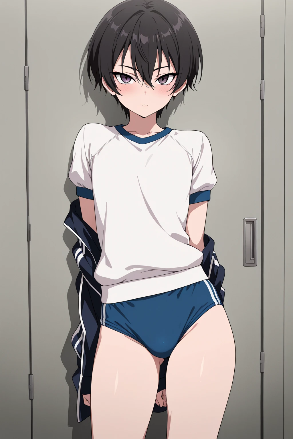 In underwear,Yukimi, 10 years old., Blunt bangs,Shortcuts,Black Hair,,Flat Chest, Expressionless, shy, whole body, Highest quality, School classroom、Angle from below、stand、White sports bra,(White panties:1.4)、Embarrassing,Put your hands behind your back
