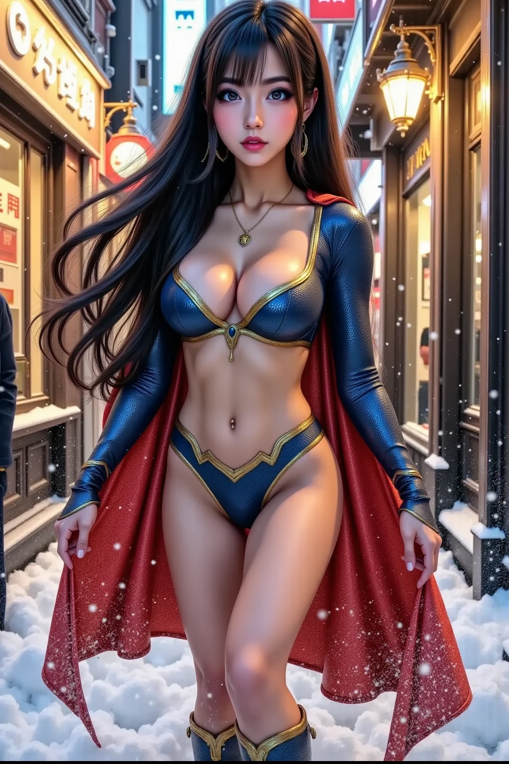 Beautiful Supergirl，Medium black hair, , Erotic bikini, , Blue eyes，Bigchest，The face is well lit，cleavage，16k，Camel toes，cinmatic lighting，detailed back ground，beatiful detailed eyes，Bright pupils，（Very fine and beautiful），（Beautiful and detailed eye description），ultra - detailed，tmasterpiece，））Take aphrodisiacs，Lewd expression，She's wet，facing at camera，Leakage out of the breast，Expose the lower body，nakeness，leering，Protruding underparts，Camel toes，cleavage，legs are open，rained