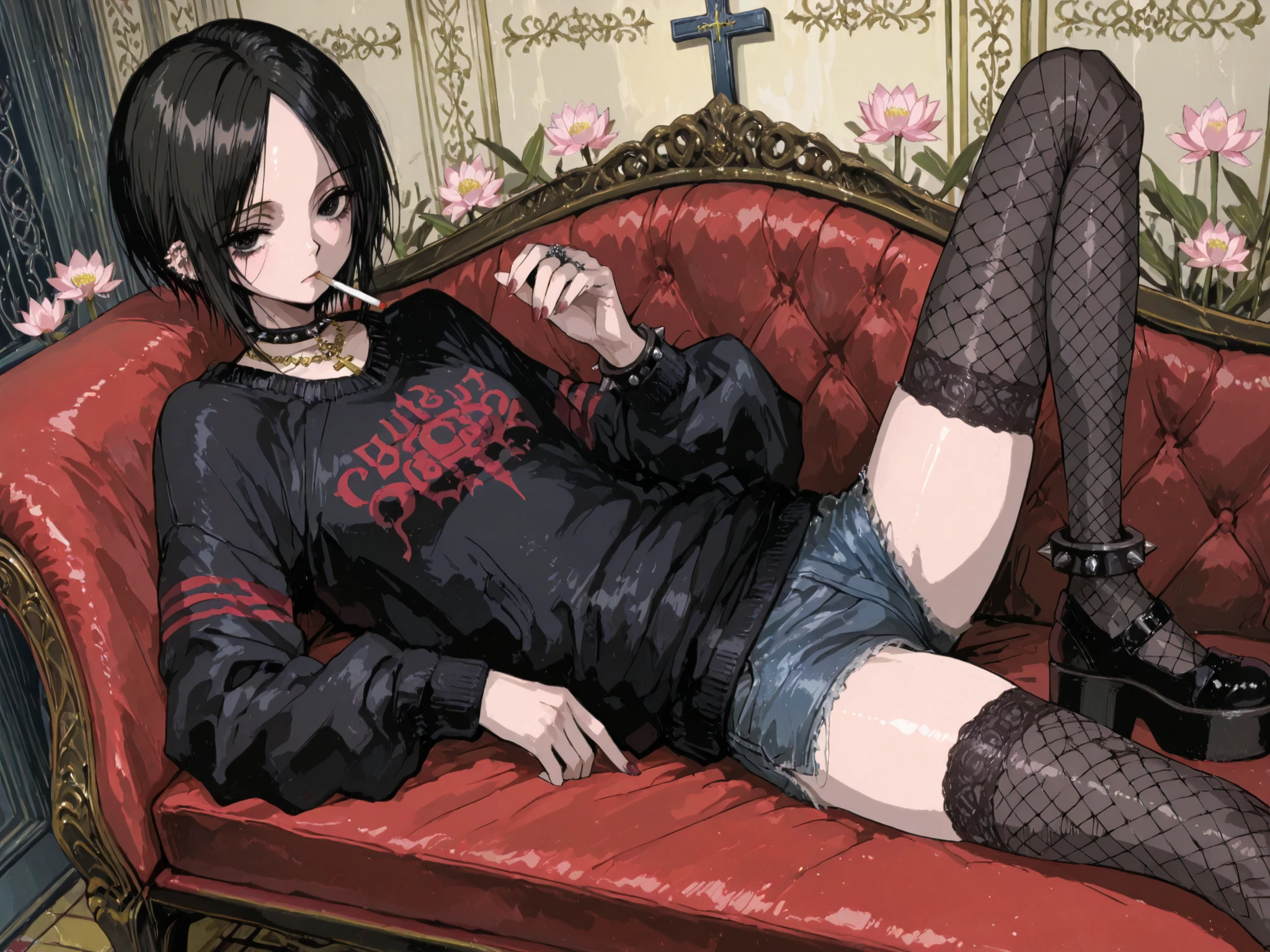 nana osaki \(nana\) a young punk woman sitting on a red velvet couch, look like a tough Goth-punk rocker, holding a cigarette in her right hand and wearing a black sweater with blue and yellow stripes and denim shorts. on the middle of the image, a 20-year-old woman with light skin and short black hair, tattoo of a pink lotus flower on her upper left arm. Her nails are long and well-shaped, who appears to be caucasian, the girl, has a slim figure and is considerably tall, is lying on her back on the couch with her legs spread apart, wearing a blue and white cheerleader black jacket with the letter "N" on it. she has a serious expression on her face and is looking directly at the viewer . she is wearing a gold necklace and has a pair of fingerless gloves on her hands. the background is a simple, light-colored wall with a patterned wallpaper, and the lighting is soft and warm, creating a cozy atmosphere. 1girl, unrivaled beauty, solo, fullbody, parted bangs, forehead, black eyes, black eyeliner, small , industrial piercing, spiked bracelet, spiked choker, fishnet, whole body, slim , goth fashion, torn pantyhose, porcelain skin, taut clothes, side slit, jewelry, latin cross, shiny clothes, thigh and calf lines, platform footwear, thighhighs, clothing texture, dynamic pose, beautiful face, beautiful girl, beautiful body, beautiful hair, Masterpiece, very aesthetic , perfect composition, intricate, ((Best quality :1.2)),((Detailed :1.5)),((Detailed background :1.5)). (HD eyes:1.4), ((4k,8k,Ultra HD)), {perfect body}, retro artstyle, 2000s style,