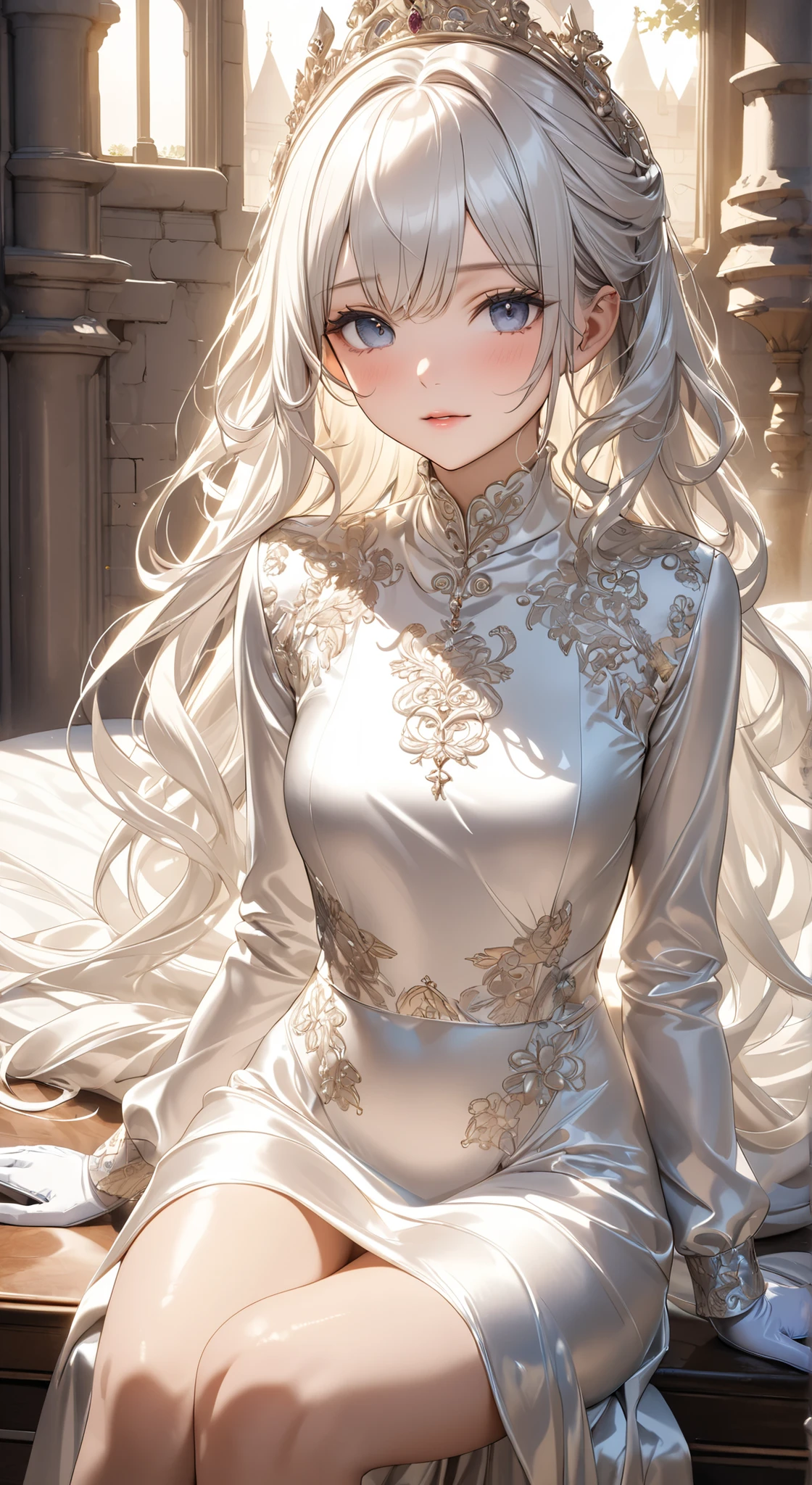 portrait 、god々Shining Light、( masterpiece, Highest Quality, ultra high definition ),Highly Detailed CG, Japanese Women,(( beautiful face)),(( long sleeve long sleeve dress、Made from shiny white silk satin in a luxurious castle))、((dress has a simple design with no embellishments)),Disheveled Skirts、(perfect fit white silk satin bodysuit )、white silk satin gloves with thin thighs ,(( sitting on a luxury bed ))