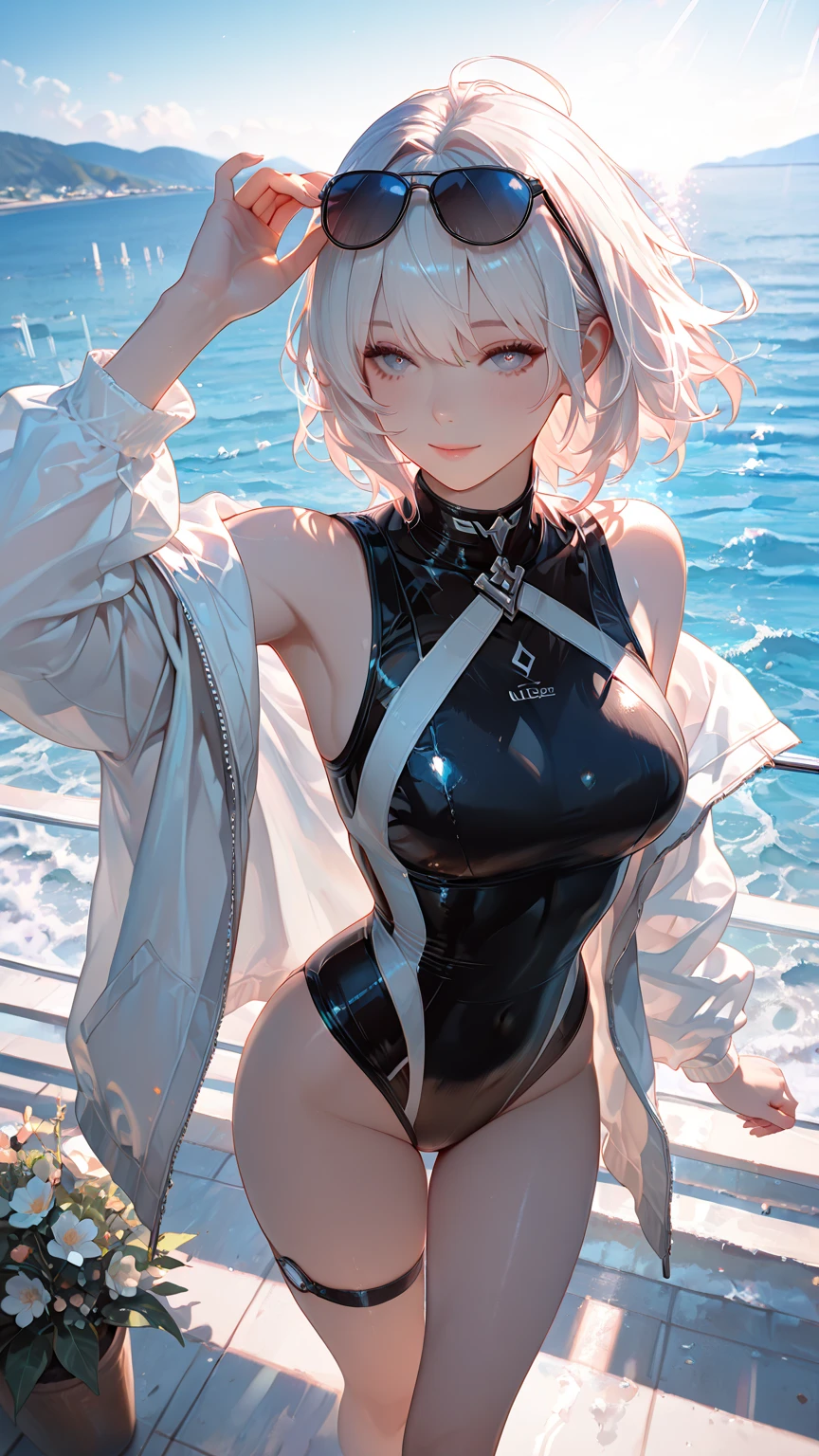 1 girl,(White Skin Skin),exteriors、(low angles)、masterpiece、beautiful lighting、Detailed beautiful face、Detailed beautiful eyes、A high resolution、Ultra-fine illustration、extremely delicate and beautiful、beste-Qualit、The whole body is shown, (独奏:2.0), (cute,Lori)、(has silver hair,short-cut、blue eyess),Curvaceous, (shinny hair, Glossy eyes, shinny skin), Laugh, A smile, (shining skin) ,(white rubber suit)、the chest is hidden、squatting down、open one's legs、(Open knees)、Focus between legs、Armpit、Arm up、hands behind head、thighs thighs thighs thighs、Short hem、sleeve less 、pelvis curtain、Armpits、A smile、black thighhighs、Watch your audience、under the tits、blushed、perspiring、Jeweled、thick-thighs、Parting lips、pantyhose、Blushing cheeks、Embarrassing face、elbow groves、gloves、turtle neck、highleg