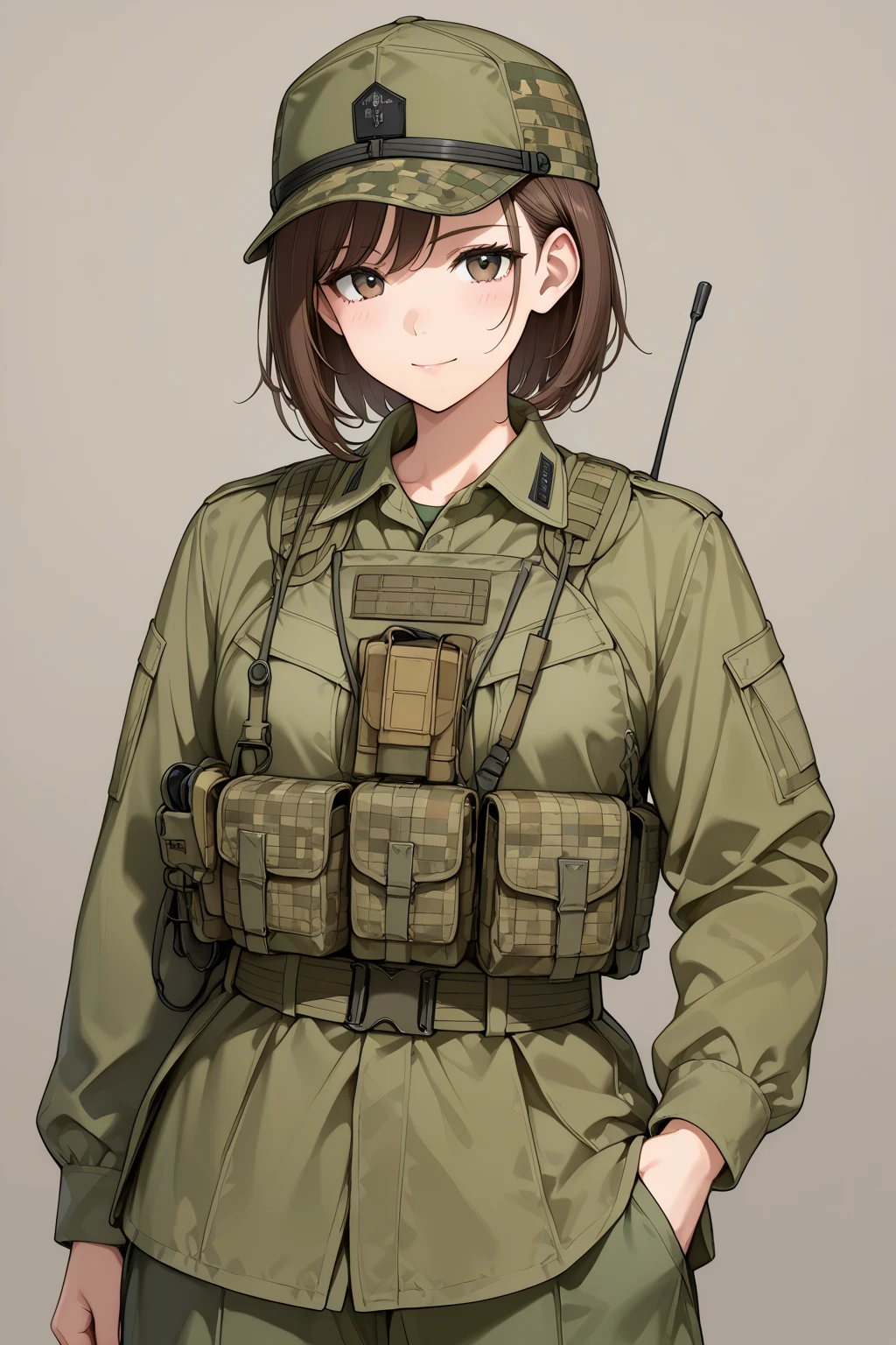 Content:
A black, adult female general with brown hair and brown eyes. Her uniform takes loose inspiration from German military uniform. She is saluting to the camera with a confident look in her eyes. She looks serious. Her left hand is behind her back. She is BLACK!!!! BLACK! Please make sure she has black skin

Medium:
Digital art, anime illustration.

Lighting:
Soft, natural lighting to emphasize her features and the details of her uniform, creating a balanced and realistic look.

Colours:
A palette of military greens and browns, with subtle highlights to bring out the texture of the uniform and the character's features. The background is a desert setting.

Composition:
A full-body shot, showcasing the character's mature look. She stands confidently, with her hand raised in a salute, and the desert landscape in the background.