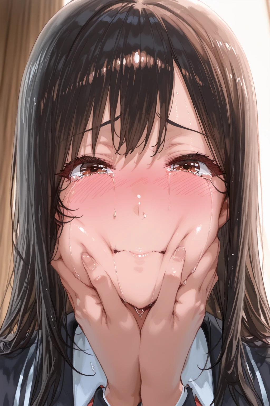 (masterpiece, best quality, ultra-detailed, high resolution, detailed eyes), nsfw, takeda hiromitsu style, {{{1woman}}}, (40 years old), pet collar, business suit, (blushing:1.3), (open mouth:1.3), (tongue out:1.3), (drool:1.4), (breath:1.3), in heat