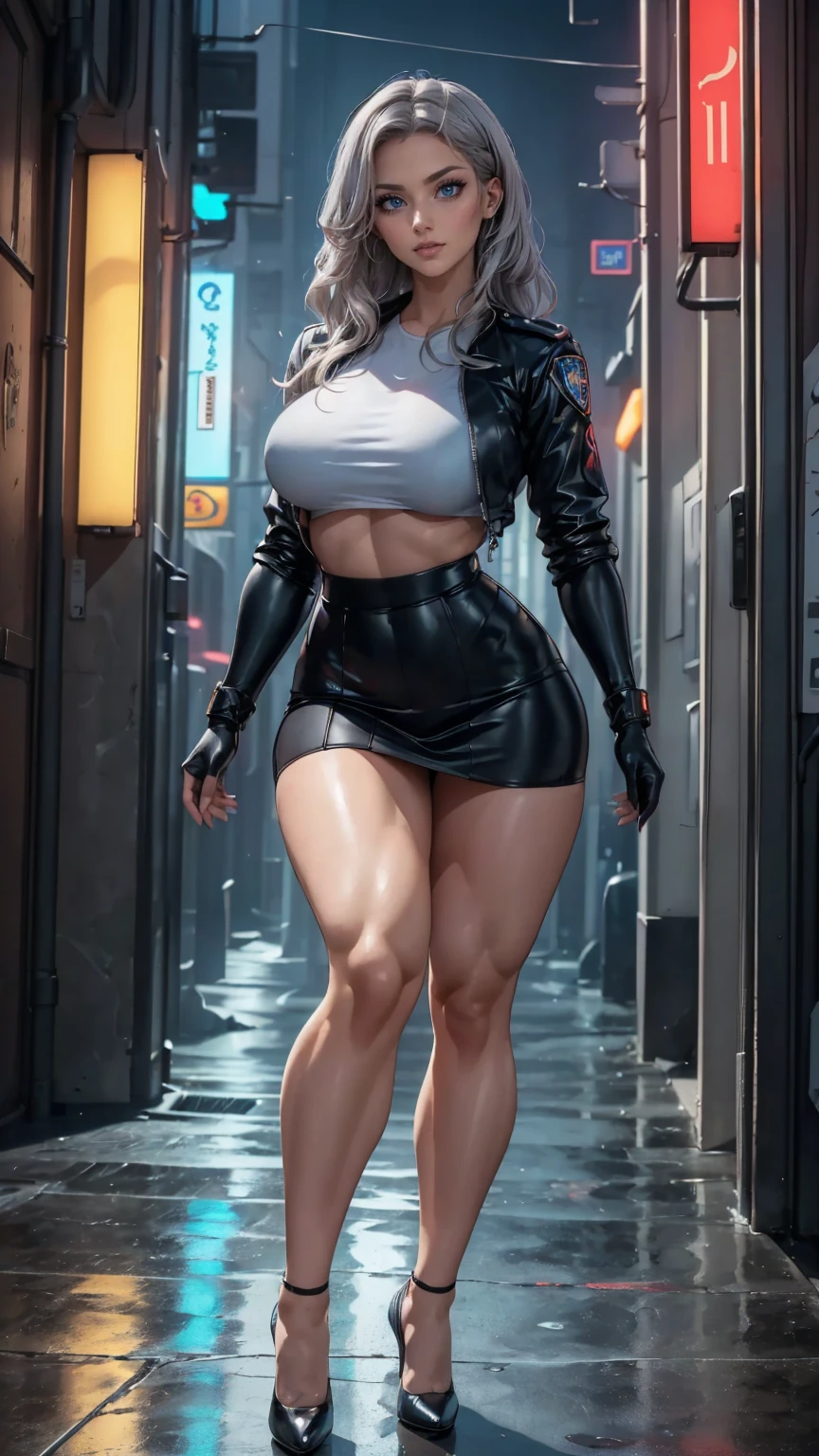 skyscraper, 1girl, dress, thin, sky, tokyo, city, pretty face, huge breasts, neon signs, raincoat, rain boots, shot from below, amazon goddess, bodybuilder, muscles, strong, thick thighs