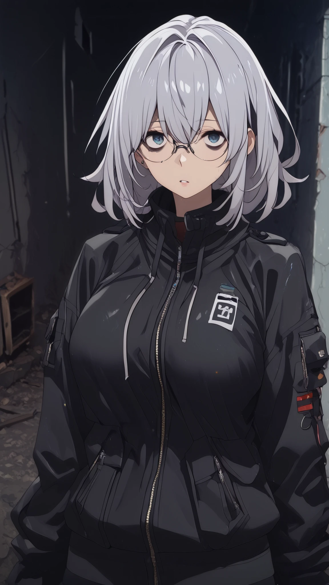 high school girl、(long unkempt gray hair、big breasts、dark circles under eyes、glasses) 、((cute、No expression、sexy tech wear、black jacket、Frightened、is looking over here、1girl))、Standing picture、Abandoned House、anime style、high image quality、High Quality
