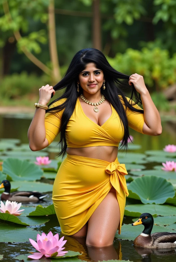 A very fair indian woman with big  wearing blouse peticoat eating banana