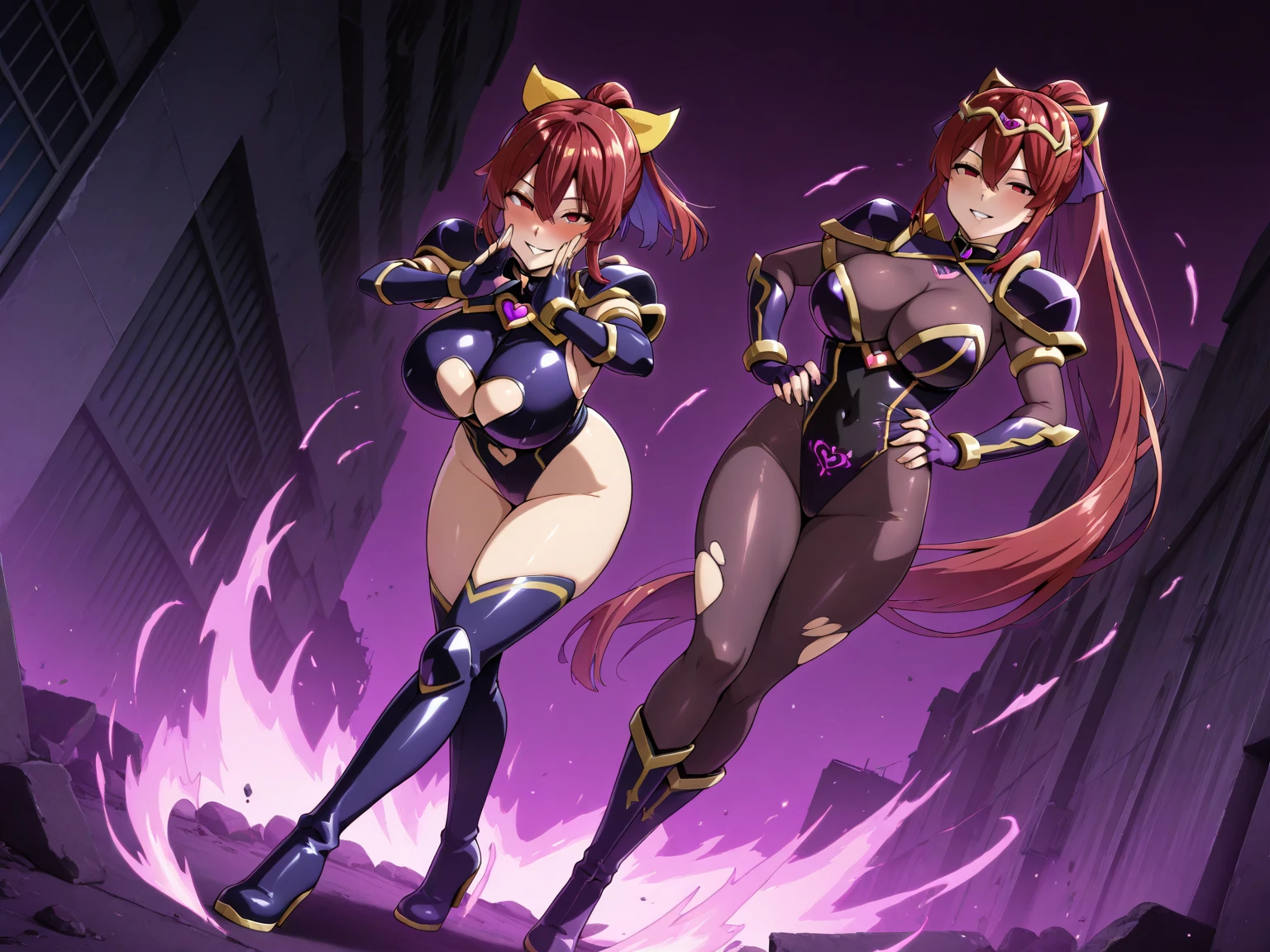 (2 Cyberpunk Demon waifus), (high resolution), (high res), 2 women, great quality, (2 mature women), (pair of women), very angry faces, long fangs, diamond faces, perfect eyes, demon tail, wings, strong shadows, (neon light), neon, naked, detailed faces, sparks, gargolyes background, hell, night, (attacking), detailed abs, scars, shinying eyes, war pose, long claws, (masterpiece), direct light, underlight, strong jaw, golden sky, large boobs, (Demonic queens), (lewd armor), (skimpy) massive ass, thick thighs, long torso, wide waist, skinny torso, fit, perfect face, (skimpy armor), (colorful vibrant light), futuristic, sexy, (blushing), hot and bothered