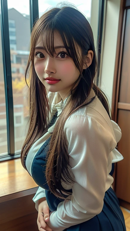 A beautiful Japanese shy girl, age 18 years old, long brown hair, brown big eyes, shiny lip, shiny hair, wearing long sleeve v-neck white shirts, plaid skirt, she is on the huge window, rainy scape, she is looking out the window, The background is very blurry, whole body picture,