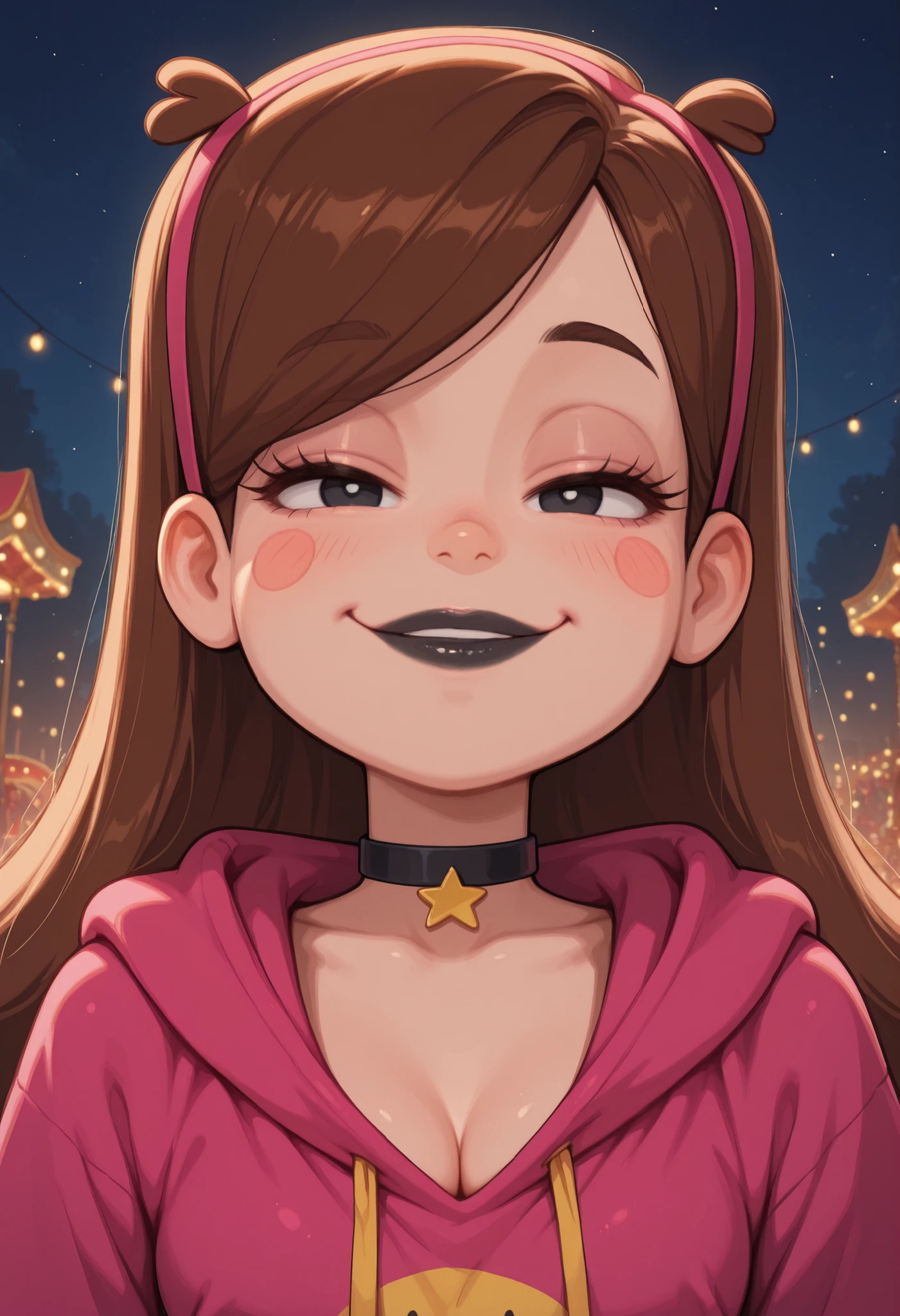 Mabel Pines, blush stickers, brown hair. black eyes. half-closed eyes, small breasts, huge hips. long eyelashes, choker. | masterpiece, best quality, amazing quality, high resolution, aesthetic, 1girl, lights strung in the background, carousel spinning slowly behind her, big smile, hoodie, night, solo, bursting breasts, cleavage, dark eyebrows, (big lips:0.8), looking at viewer, black fingernails, PRSNL4 Style, black lips, close up, portrait