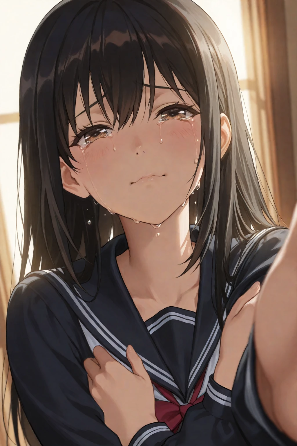 Browsing Caution, (masterpiece), (Real as in the picture 1.4), Ultra-high resolution, highest quality, 8k BREAK alone, alone, One girl, (Idol Master),(fumika sagisawa) ,(19 years old, beautiful girl), (Beautiful Eyes),(((Beautiful black hair))), (((Straight long hair))), ((hair band)),(Blunt bangs),One eye is hidden by bangs,((Wear glasses:1.9)),((Completely )),(pubic hair),(Wet Hair), (Wet Skin), ((Sweat)), ((vapor)), (Flat ,、Large ),((Reading a book:1.5)), (Front view),(((Several boys:1.9, Peeing on a girl,Multiple :1.9, ))),(( Trogao, Saliva trace, Red nose,Close one eye,Stick your  out)),,Happy,((smile:1.9),(( on body:1.9)),(( on face:1.9)),(( in hair:1.9)),(( in mouth:1.1)),((Sitting,Put your hands together, Open your mouth, with own hands)),((Close one eye)),(((View Viewer),(bookstore),