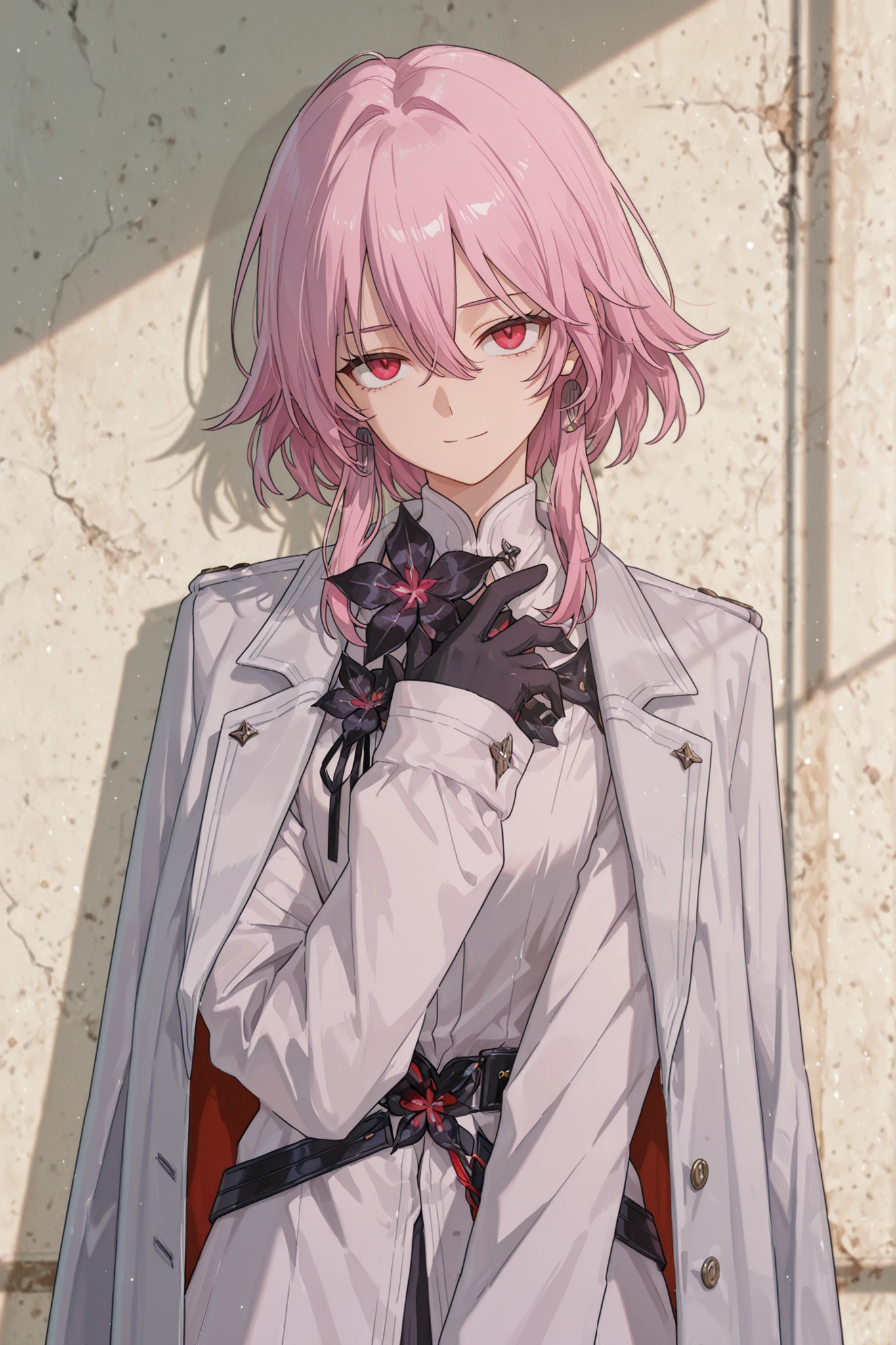 l1mbu5v3ll,(looking at viewer, medium shot:1.22), (medium shot, three quarter shot:1.3), (1girl:0.95), solo, masterpiece, best quality, amazing quality, very aesthetic, high resolution, ultra-detailed, (soft shading, soft shadows, volumetric light:1.14), coat on shoulders, sleeves past fingers, epaulettes, march 7th, pink hair, black flower, red eyes, vicious expression, camellya