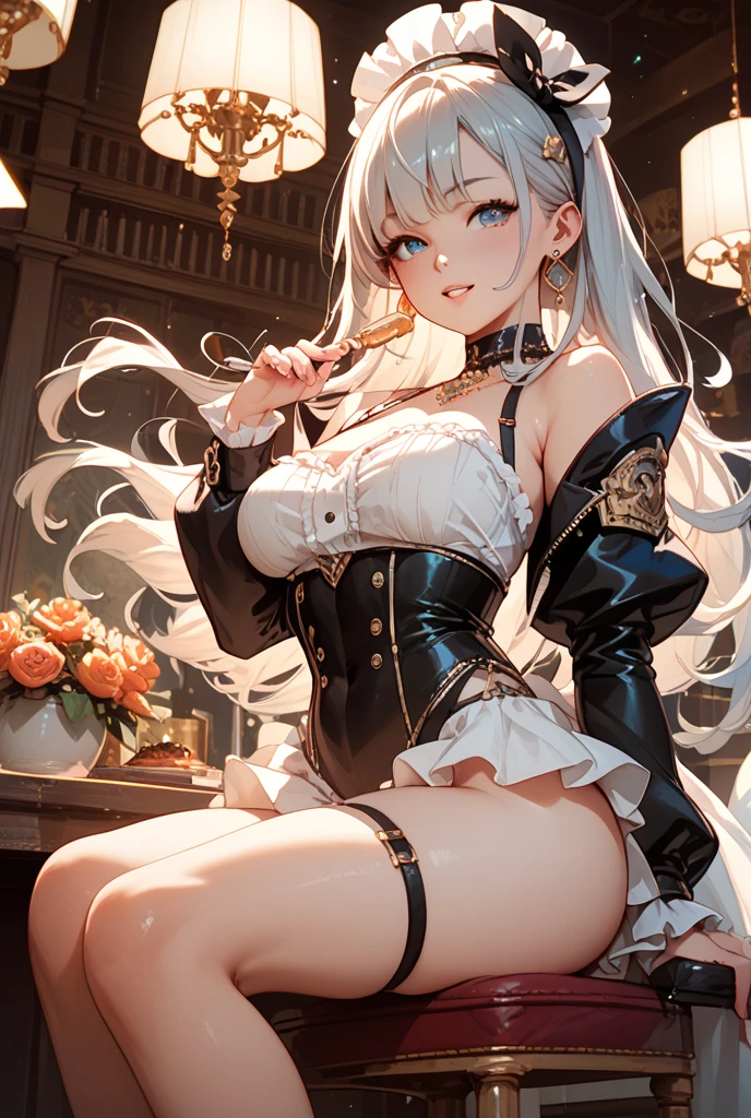 anime - style image of a woman sitting on a bench in a room, a character portrait by Shitao, pixiv, fantasy art, 2. 5 d cgi anime fantasy artwork, guweiz on artstation pixiv, fanart best artstation, guweiz on pixiv artstation, extremely detailed artgerm, 8k high quality detailed art ،face , fixed face, large breast , leg crossed in detailed , horn , from below , white hair , pink eye , high heels ، leg fixed