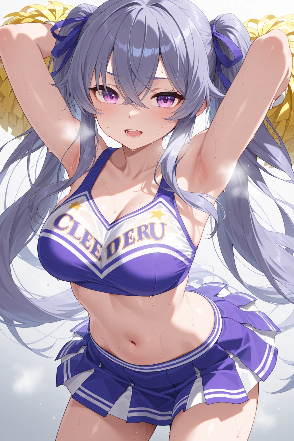 (((Wolf ))),(((Wolf girl))),anthro dog girl, body fur,cheerleader,HD,sharp,beautiful and detailed,woman ((anthro)),subdued Lavender color skin, ((long purple hair)),(((ojou curls))),(A woman sweating and dancing vigorously with her legs up:1.3)、(teal cheerleading miniskirt:1.2)、(holding a pom pom:1.2)、Cute smile with open mouth、(white sleeveless cheerleading shirt:1.4)、(White panties visible through the skirt)、(Stand on one leg:1.3),(holding pom poms:1.2), full body view, (detailed fluffy), spread legs,(laugh), (stadium stands),cowboy shot,dynamic pose,zettai ryouiki,skirt lift,white panties,dynamic angle,,by dr comet,by pochincoff, by jlullaby,by kingbang,by sparrow,by ZeroQrisu,wide hips, huge ass, huge round ass,Milf, huge breasts, thick thighs, curve,curvey,