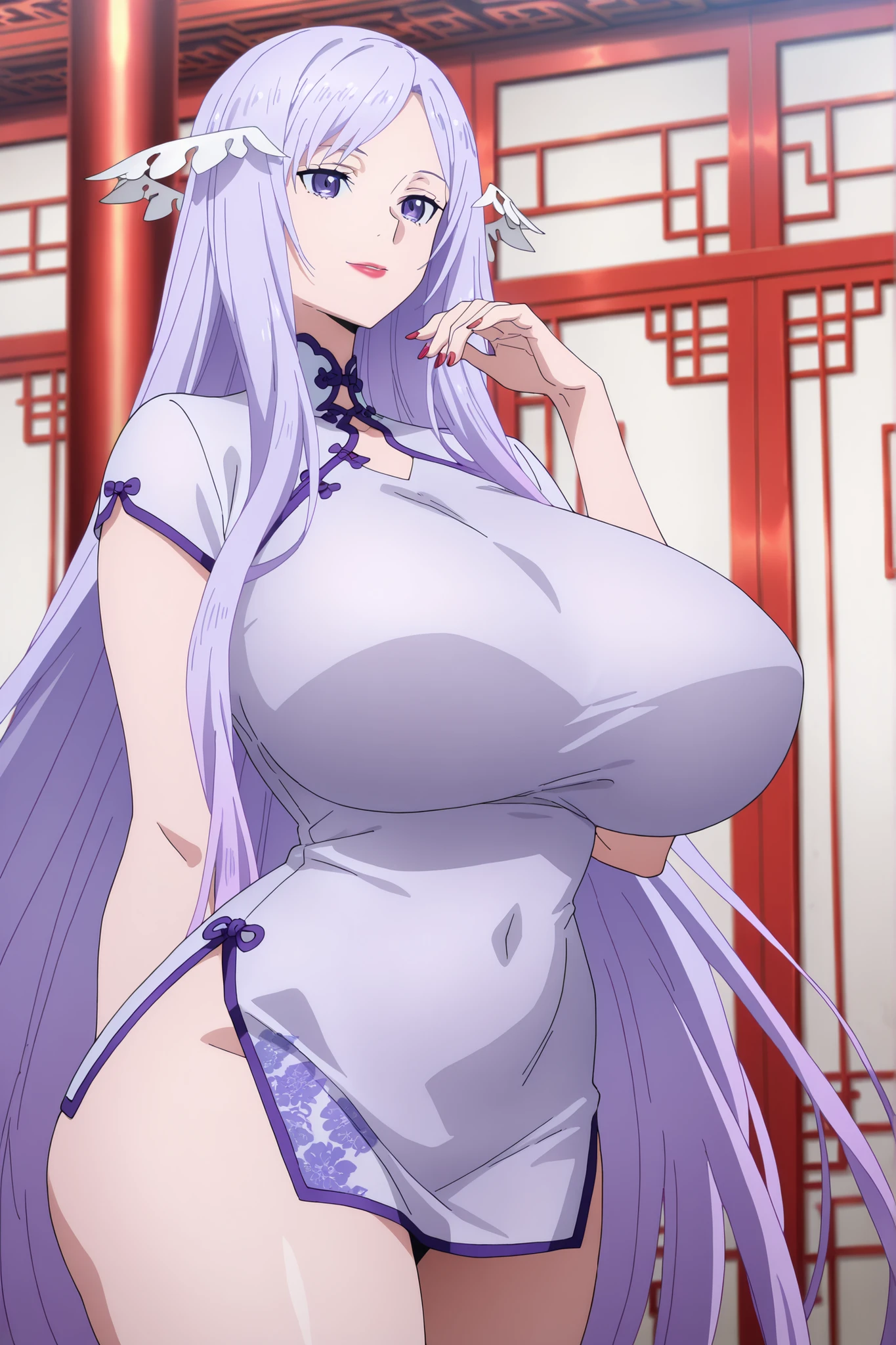 newest , masterpiece , anime screencap , anime coloring , quinella, 1girl, Mature Female, long hair, light purple hair, purple eyes, huge breasts, big butt, ((short dress , china dress , turtleneck , curvy,)), smile, Lips, Red lipstick, view detailed body, (((Sexy,))), east asian architecture,