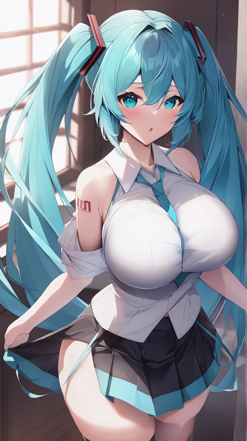 ((masterpiece:1.2)), highest quality, ((extreme details)), (official art), (ultra-be familiar with), anime screencap, very, be familiar with, (cg), (3D), 8K, anime, unified model, wallpaper, cowboy shot, 1 girl, (alone), Hatsune Miku, Let's talk, @Let's talk, alternative breast sizes, (half closed eyes), aqua eye, twin tails, aqua hair, aqua necktie, black skirt, mini skirt, pleated skirt, black stockings, black sleeves, removed sleeve, (((huge breasts))), sleeveless shirt, open your mouth, looking at the viewer, (grin and laugh), (tight clothes), (gray blouse), (thick thighs), ((wide hips)), (wrinkles on clothes),