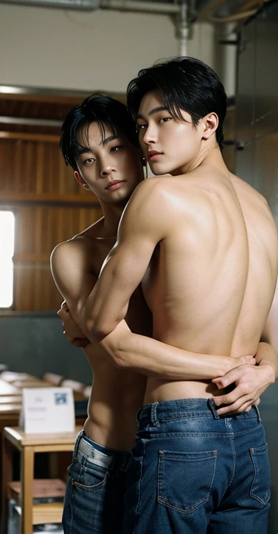 two boys, kissing, Photorealsitic, 8K full body portrait, a handsome, 18-year-old man, A charming expression, detailed face details, topless, sexy, Brief underwear, TOKYOcty, Winters, night, neon lights, in pub