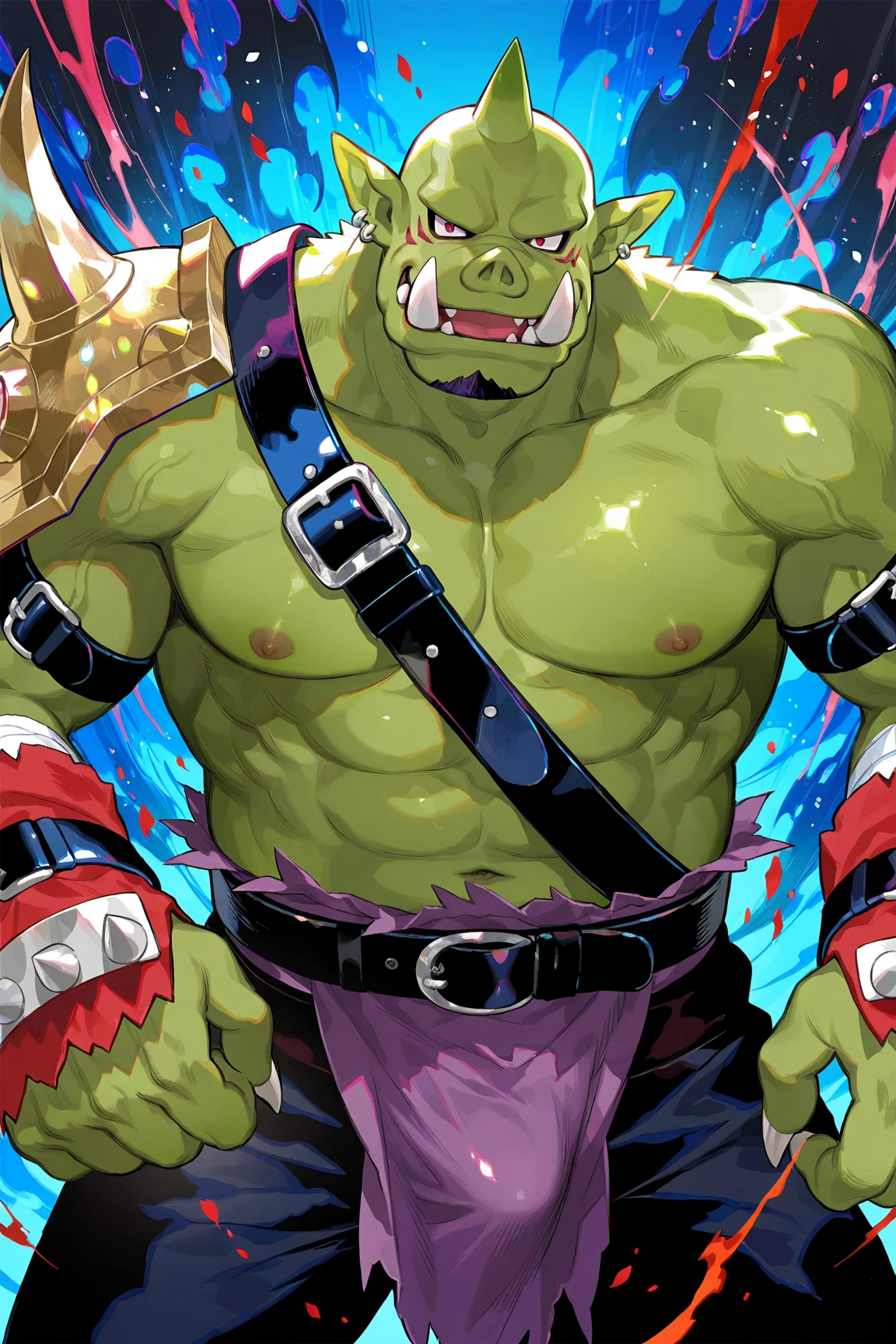 Half-Orc Barbarian, Red Eyes, green skin, silver hair, full body art, perfectly muscles adorneds, great axe