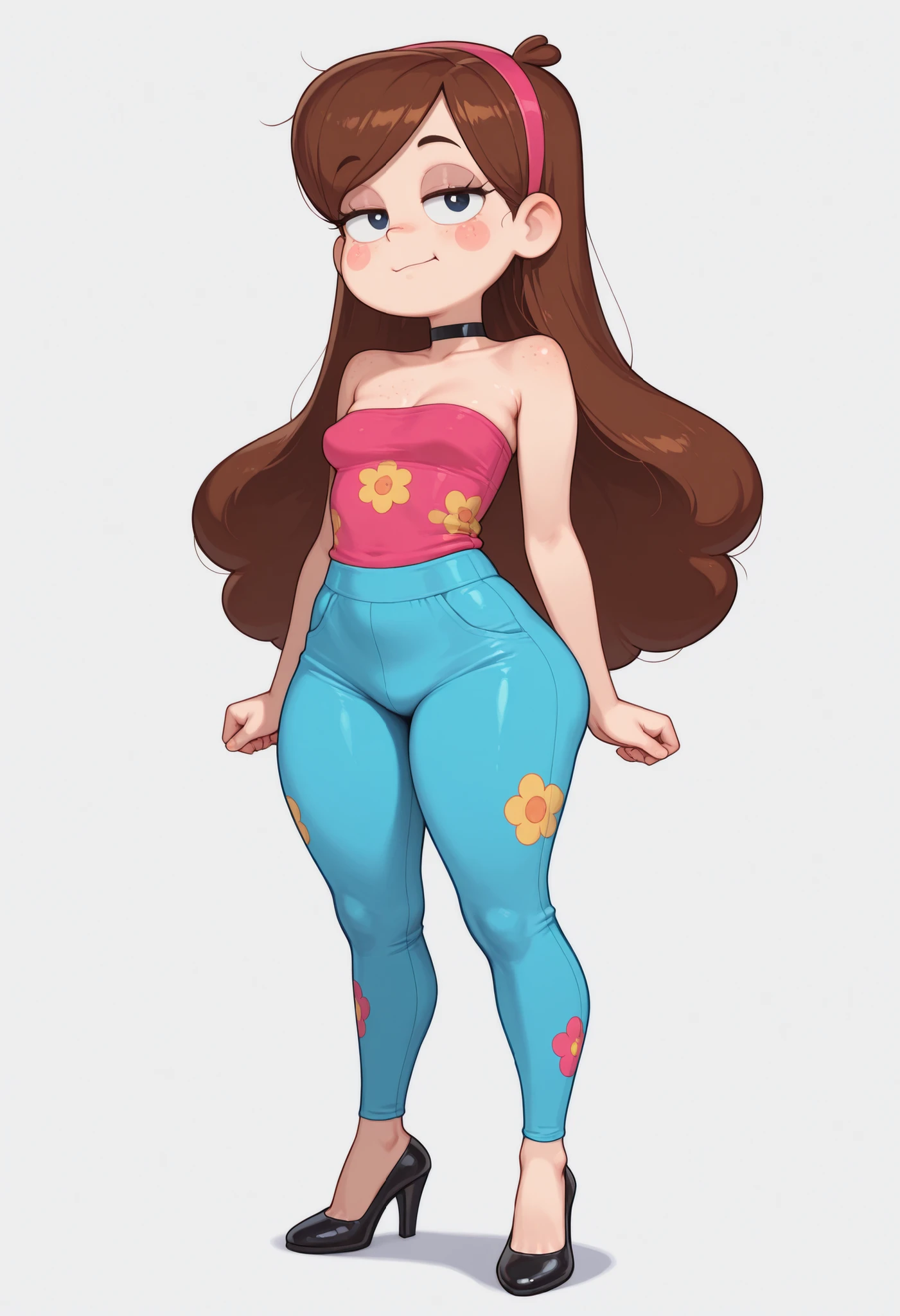 Mabel Pines, blush stickers, brown hair. black eyes. half-closed eyes, small saggy breasts, huge hips. long eyelashes, choker. | masterpiece, best quality, amazing quality, very aesthetic, perfect eyes, freckles, 1girl, flared yoga pants, floral print, full body, tube top, white background,,A digital illustration showing a young woman in a strapless dress and colored pants, with a plain gray background. She stands with light skin, long wavy red hair, blue eyes, and a neutral expression. Her body is slim, and she wears black high heels.