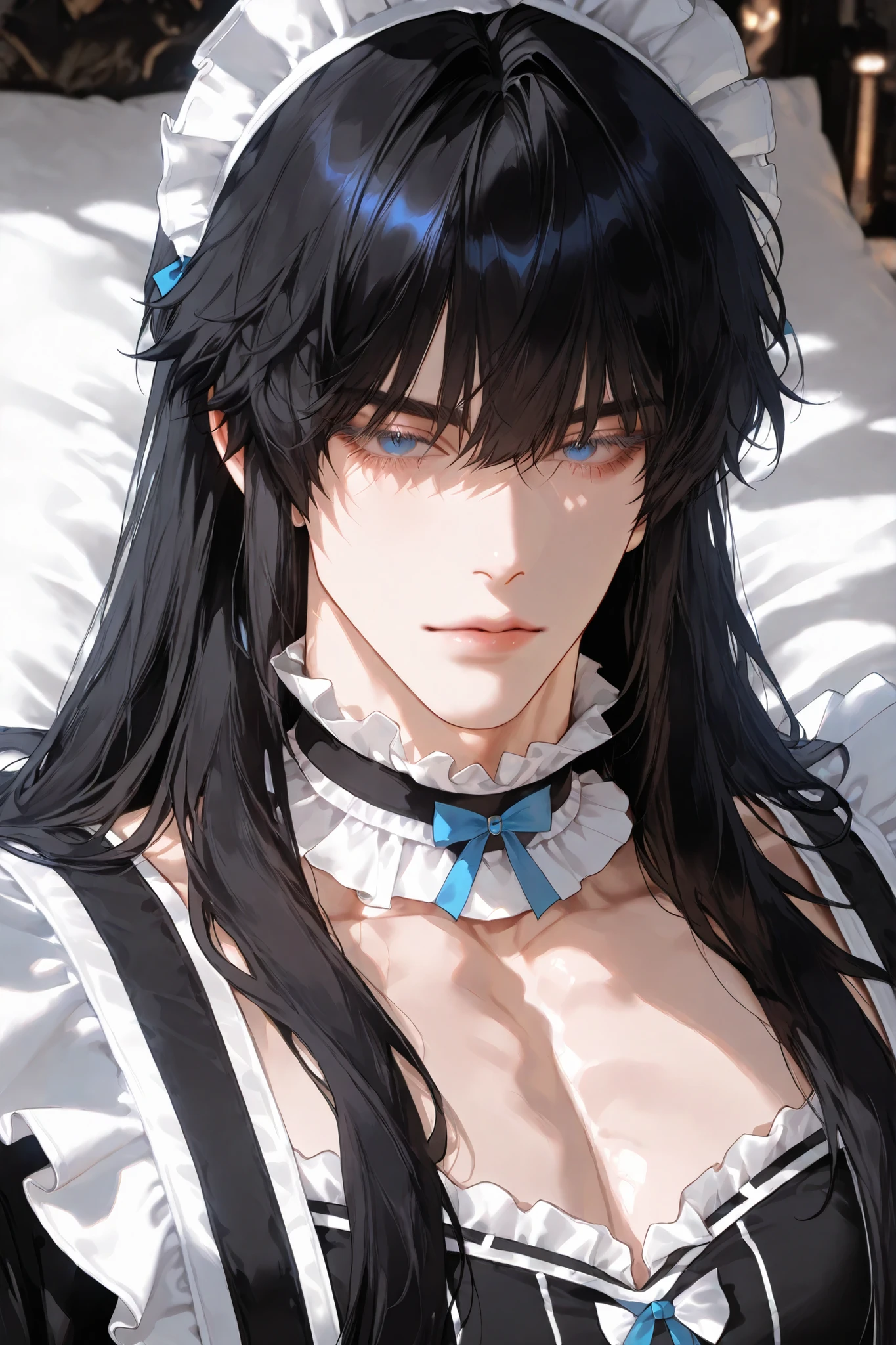 A handsome Korean adult “male“ with black fluffy long hair and light detailed eyelashes and blue eyes and a delicate impression is wearing a maid outfit and a frilled choker, dramatic cinematic ambient, semi-realistic, snapshot, half-upper-body, casual pose, lively expression, on the bed